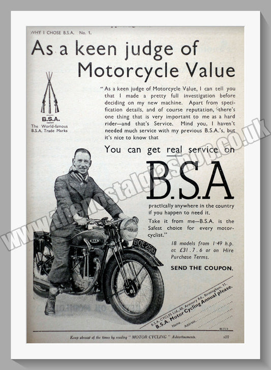 BSA Motorcycle. Original Advert 1936 (ref AD57132)
