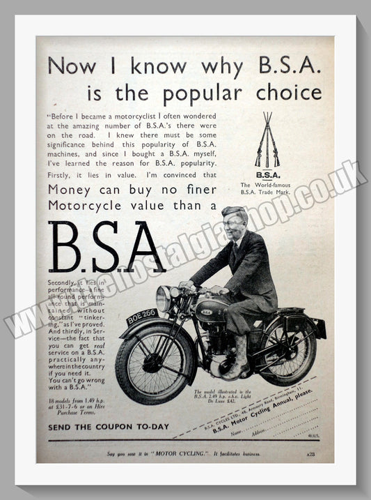BSA Motorcycle. Original Advert 1936 (ref AD57133)