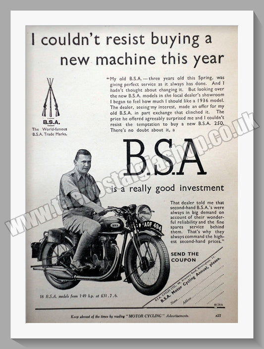 BSA Motorcycle. Original Advert 1936 (ref AD57135)