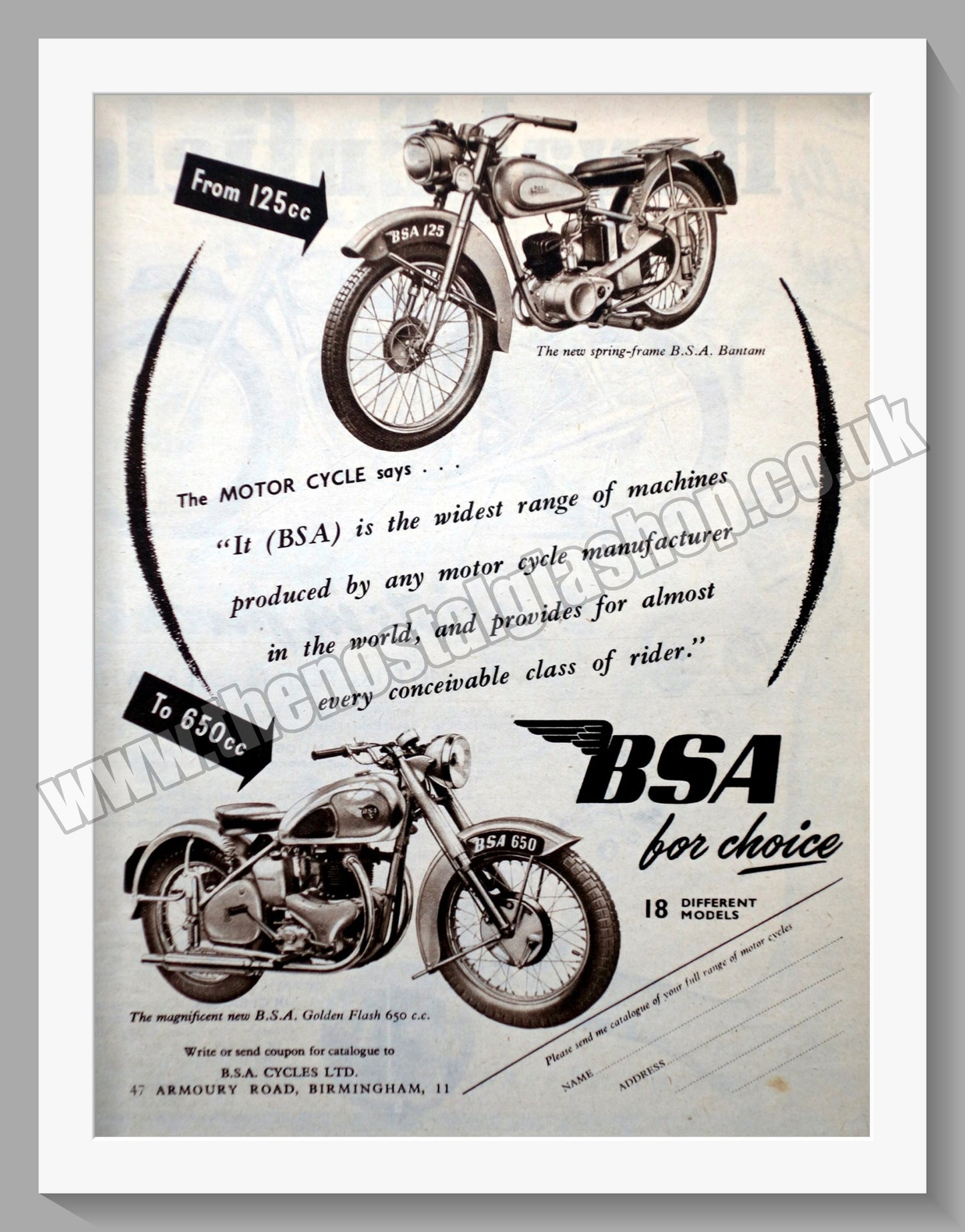 BSA 125cc To 650cc Motorcycle. Original Advert 1950 (ref AD57204)