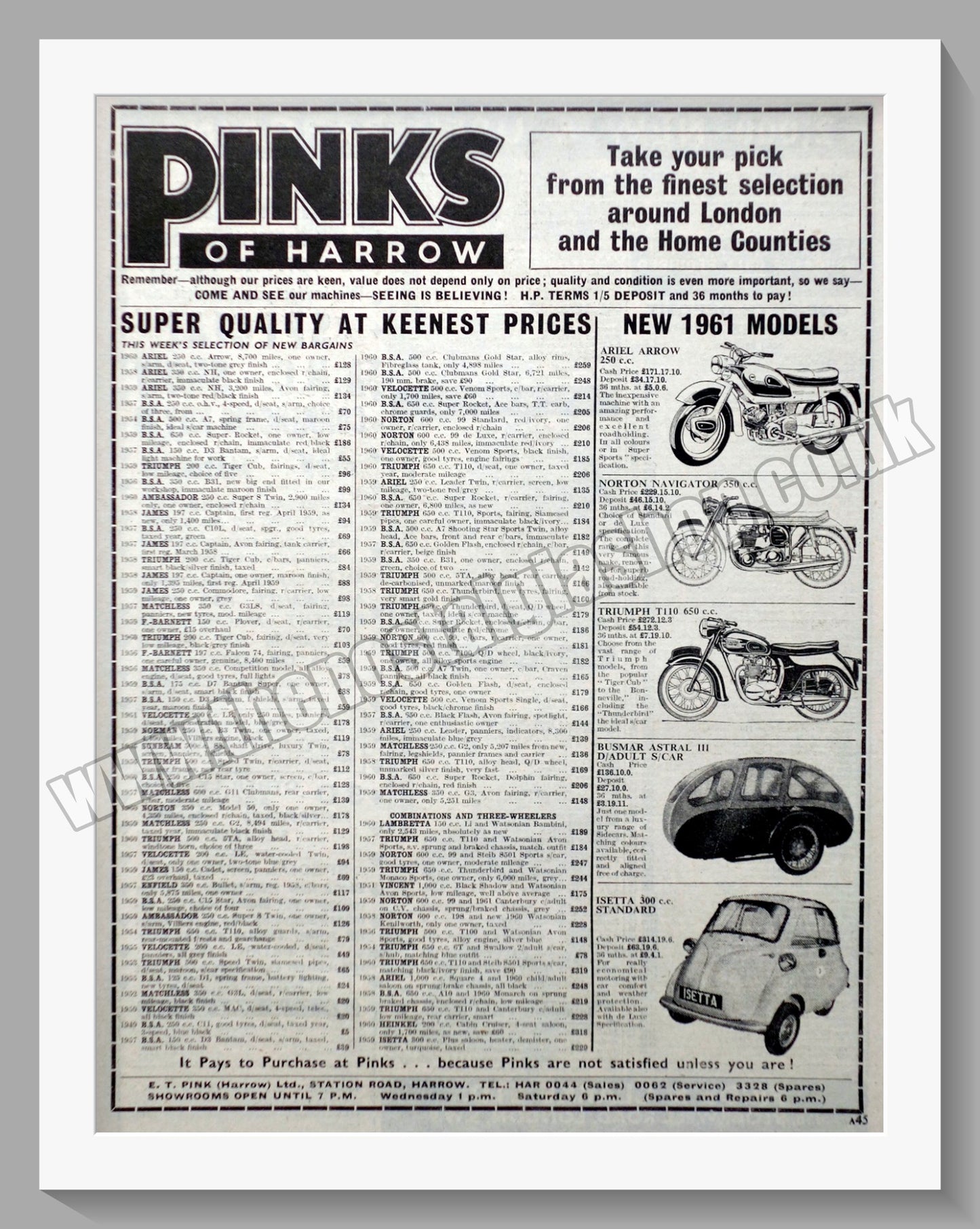 Pinks Of Harrow Motorcycle Dealerships. Original Advert 1961 (ref AD57302)