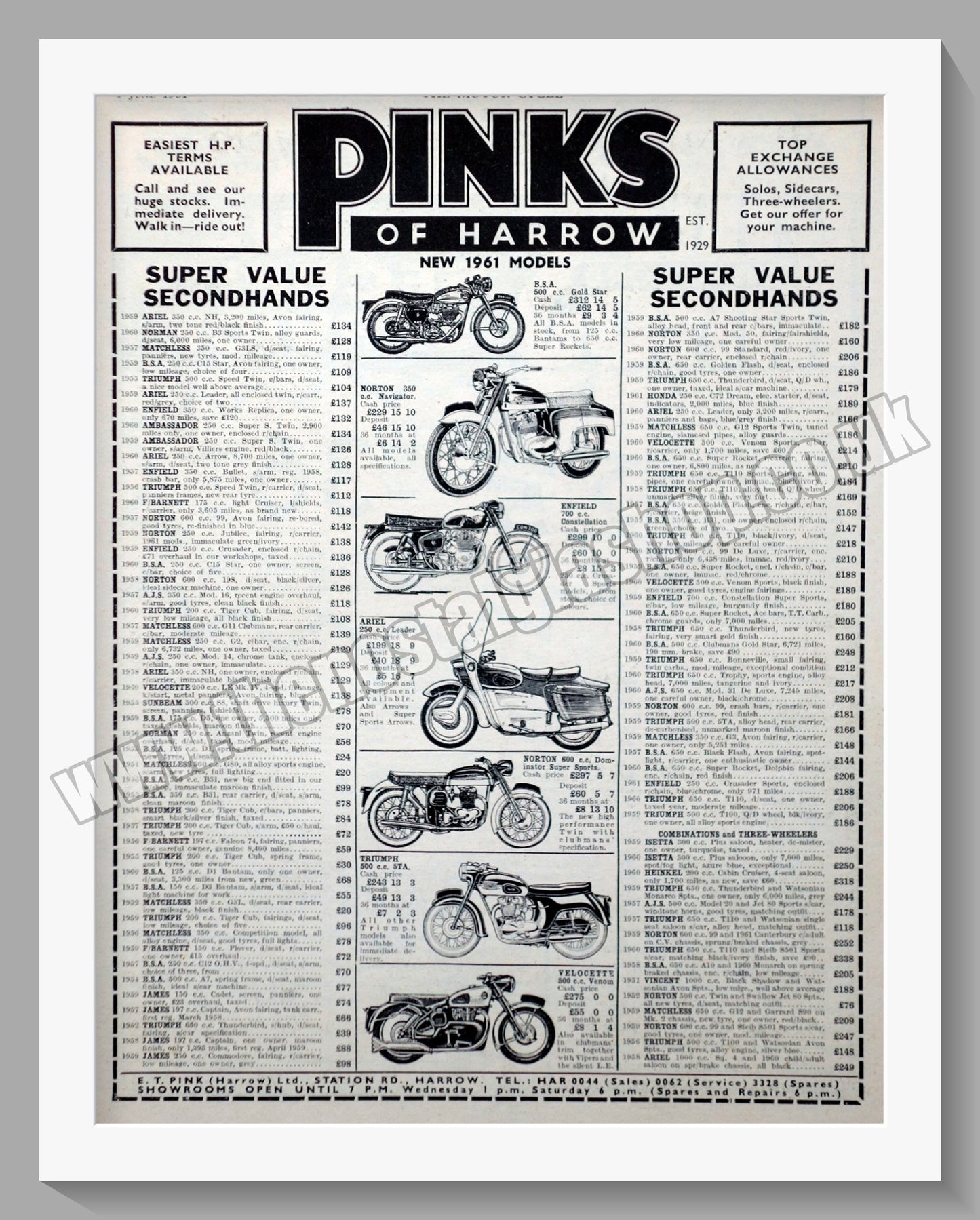Pinks Of Harrow Motorcycle Dealerships. Original Advert 1961 (ref AD57304)