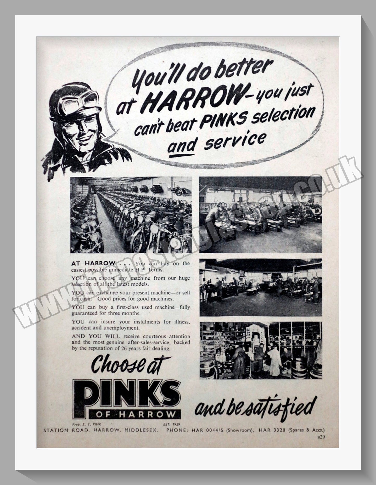 Pinks Of Harrow Motorcycle Dealerships. Original Advert 1956 (ref AD6600)