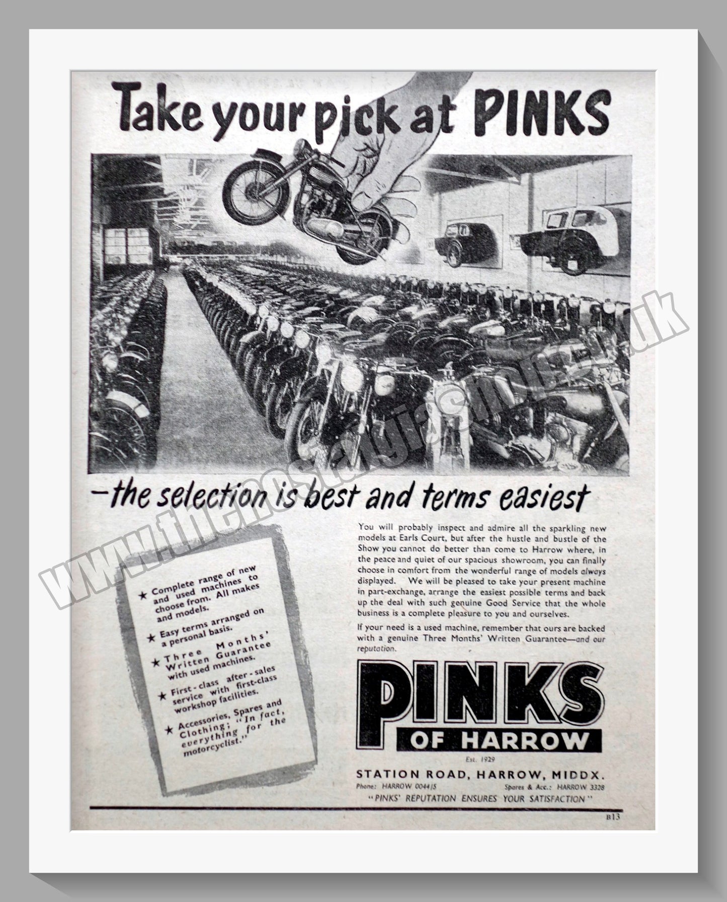 Pinks Of Harrow Motorcycle Dealerships. Original Advert 1953 (ref AD57292)