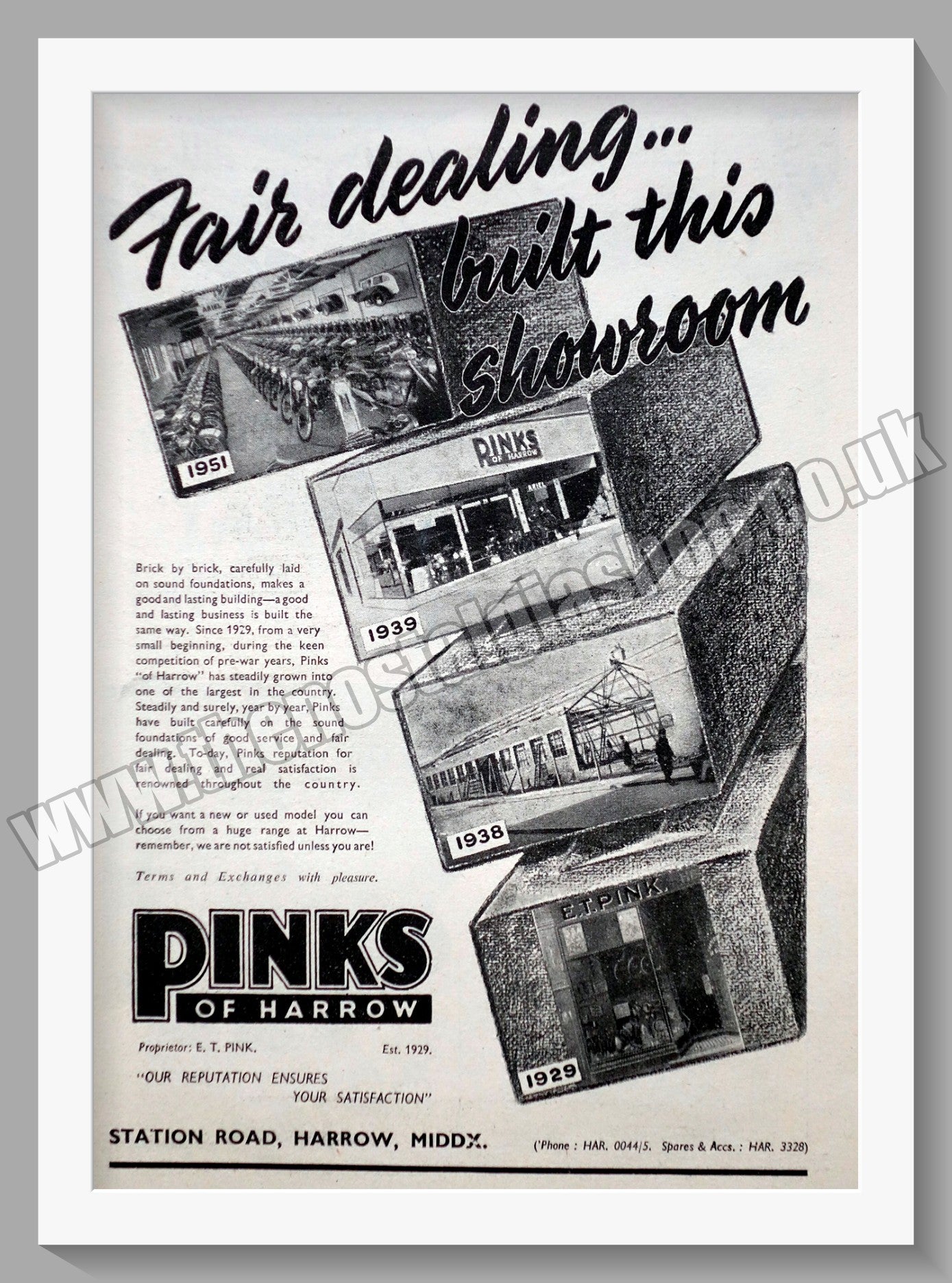 Pinks Of Harrow Motorcycle Dealerships. Original Advert 1951 (ref AD57295)