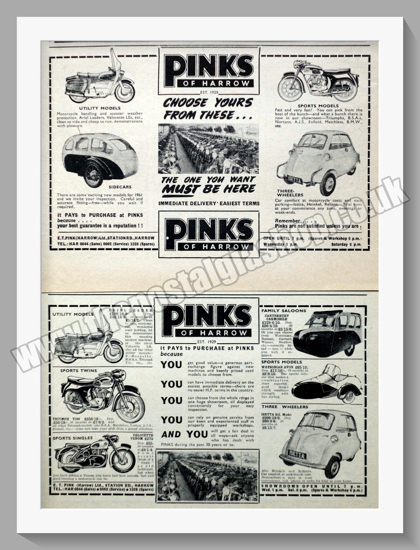 Pinks Of Harrow Motorcycle Dealerships. Original Advert 1960 (ref AD57296)