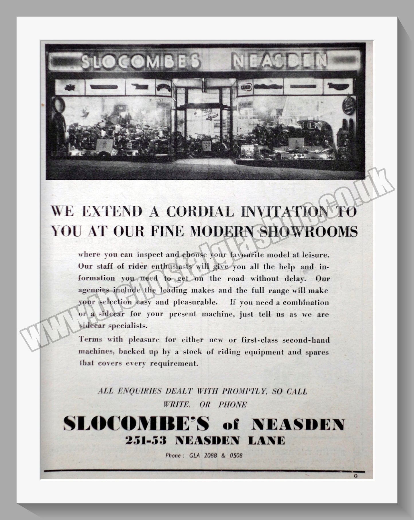 Slocombes Neasden Lane. Motorcycle Dealers Original Advert 1952 (ref AD6596)