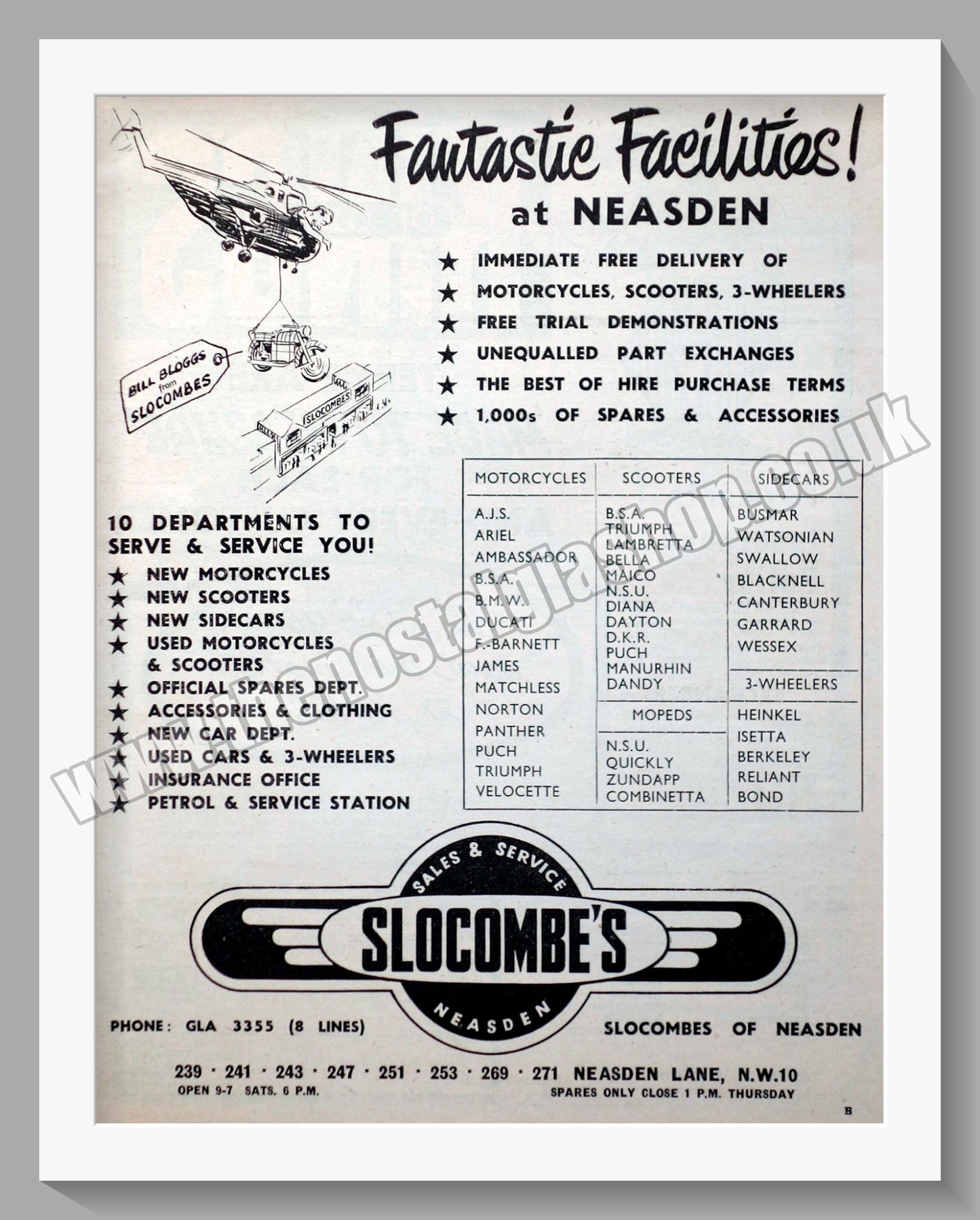 Slocombes of Neasden Motorcycle Dealerships. Original Advert 1960 (ref AD57320)