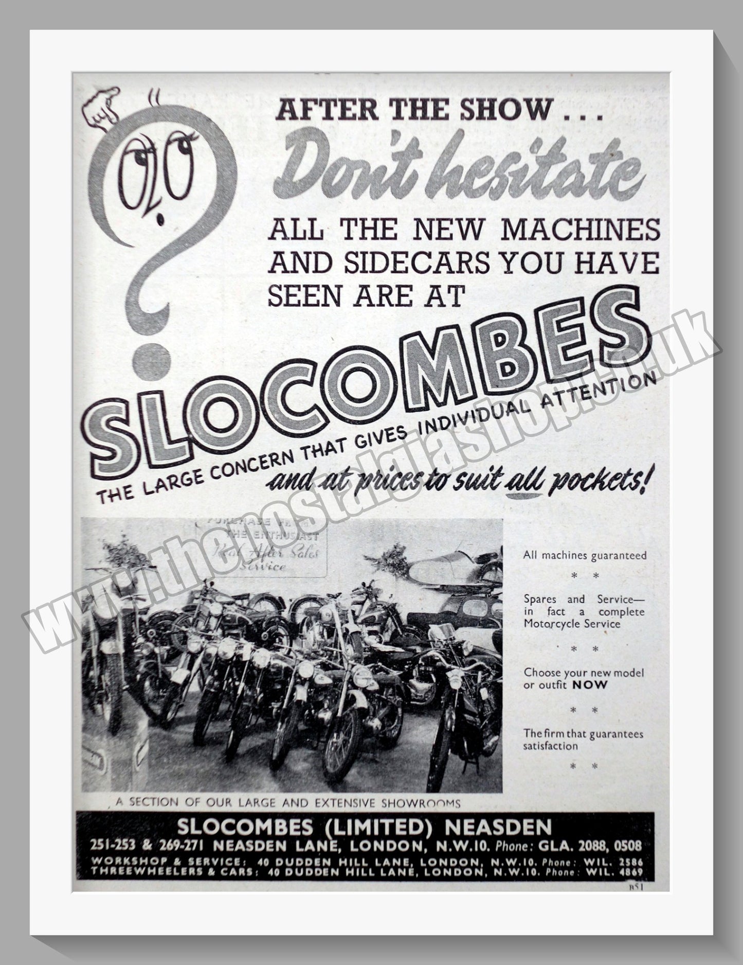 Slocombes of Neasden Motorcycle Dealerships. Original Advert 1952 (ref AD57325)