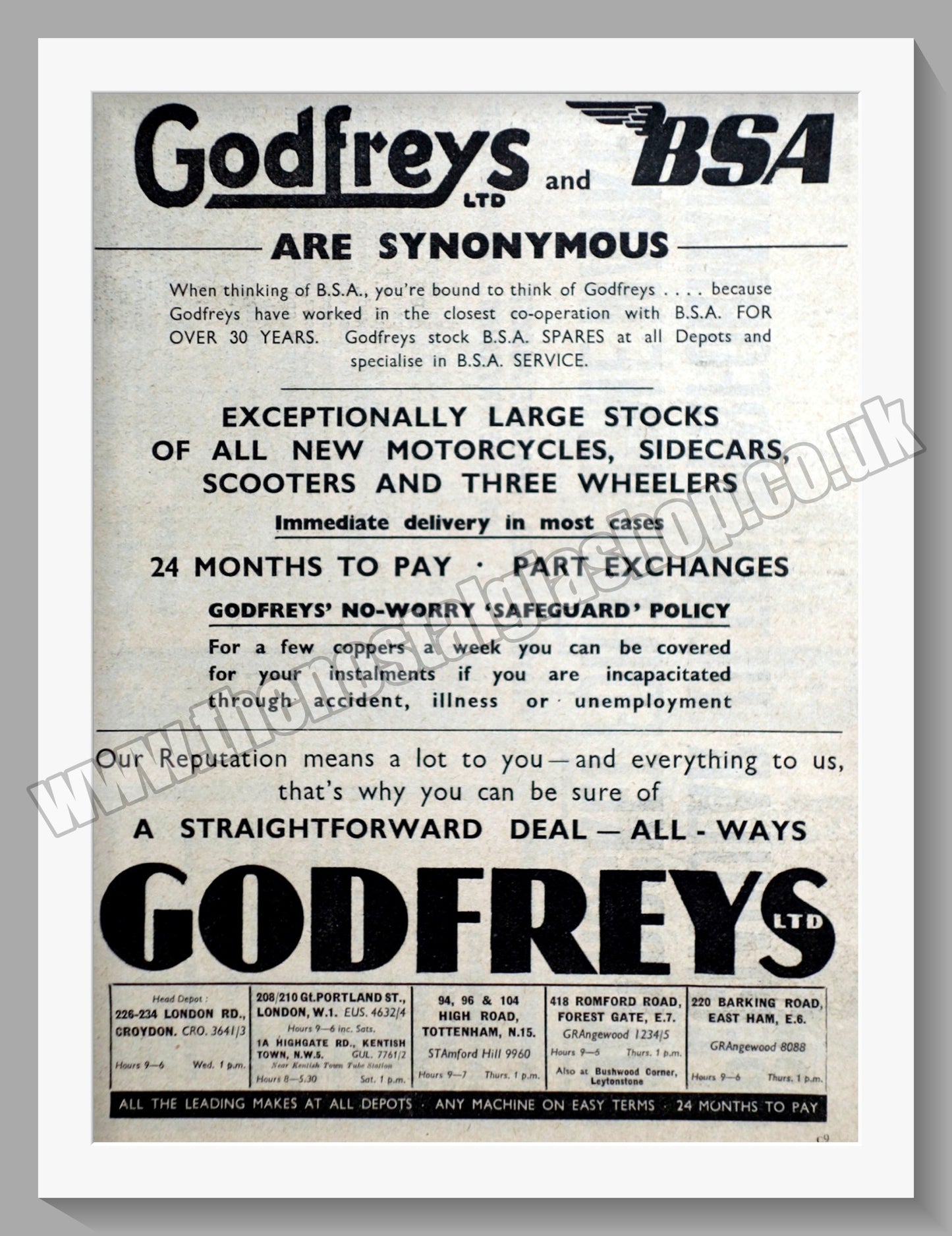 Godfreys Ltd Motorcycle Dealers. Original Advert 1956 (ref AD57339)