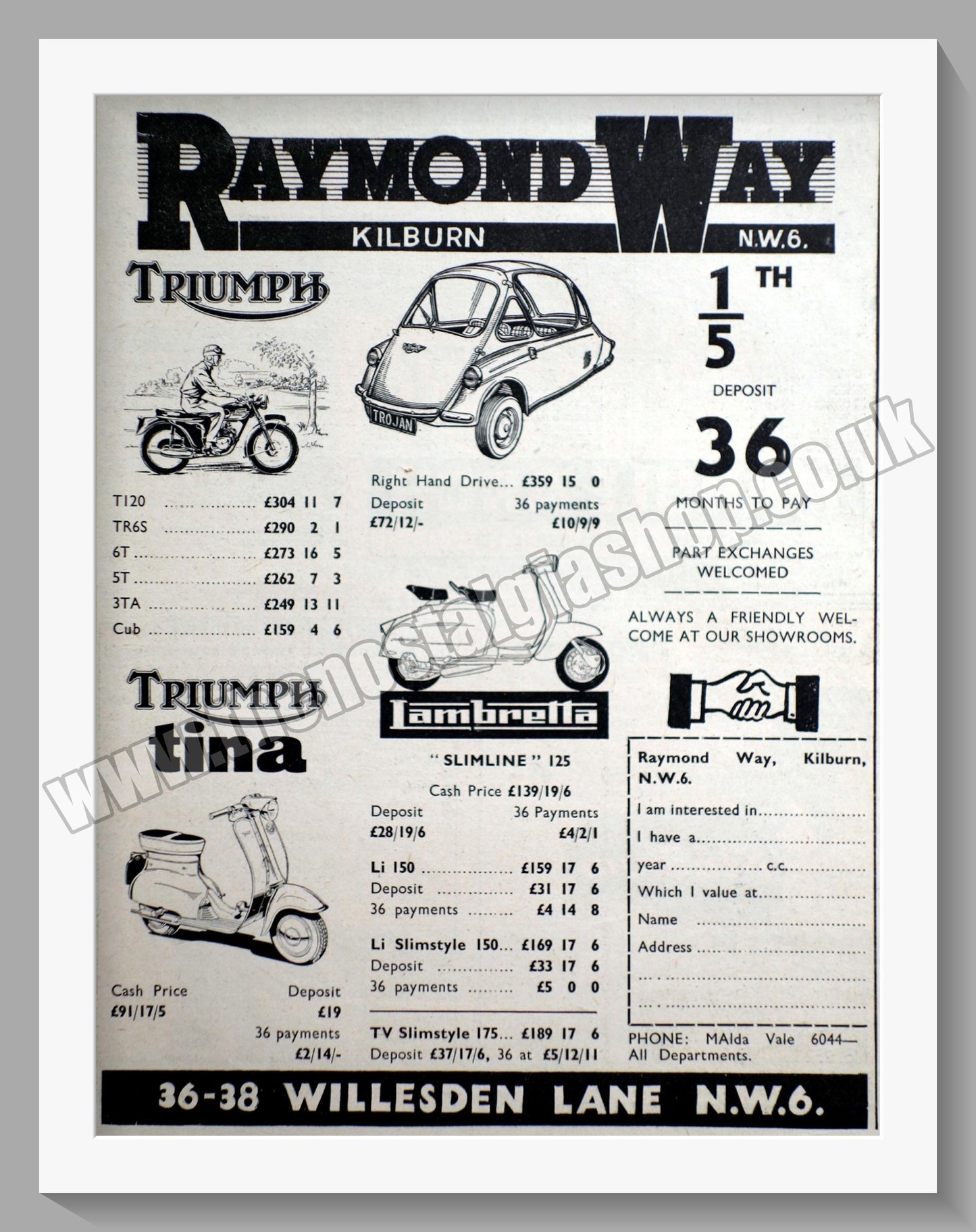 Raymond Way Motorcycle Dealers. Kilburn. Original Advert 1962 (ref AD57350)