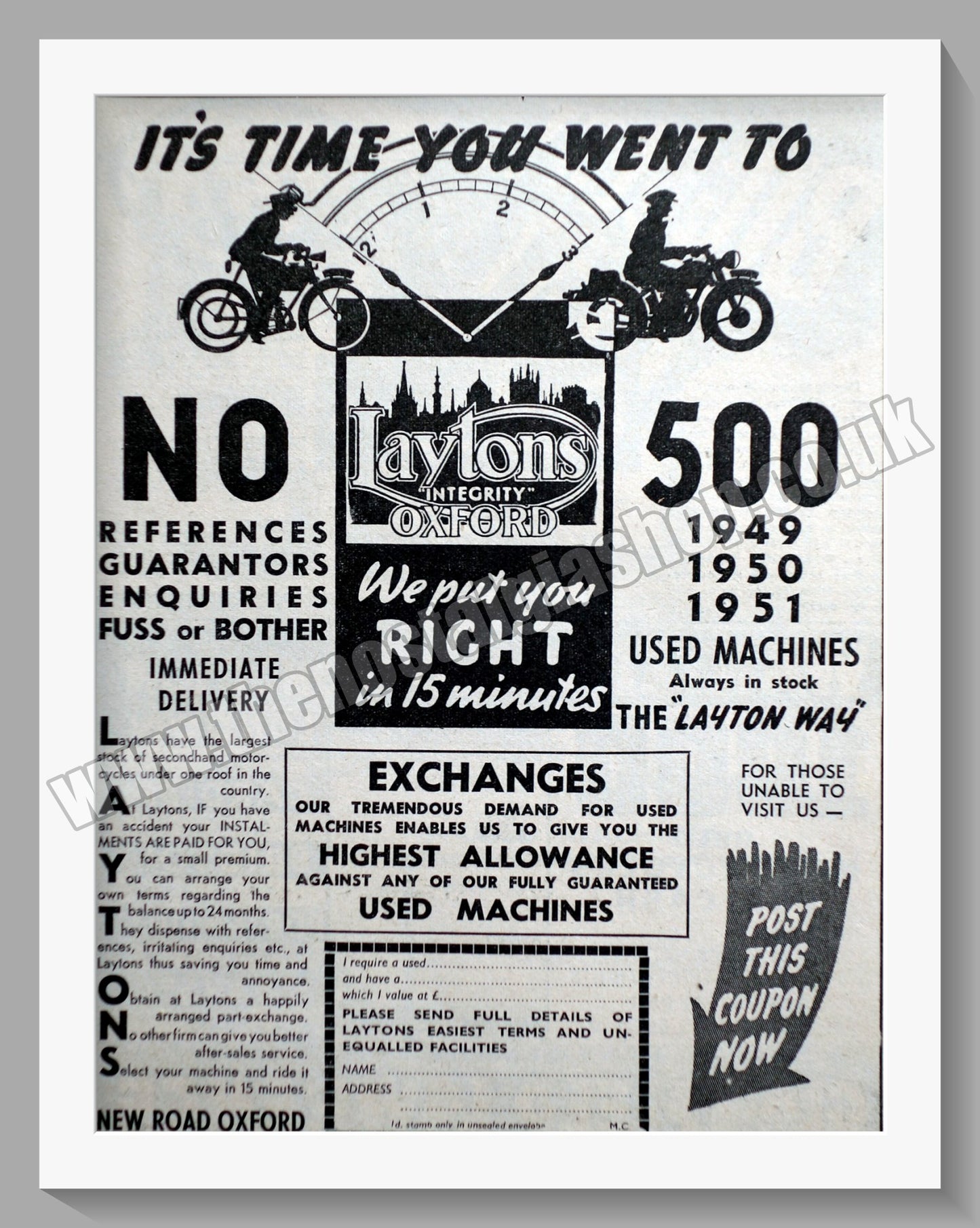 Laytons Of Oxford Motorcycle Dealers. Original Advert 1951 (ref AD57392)
