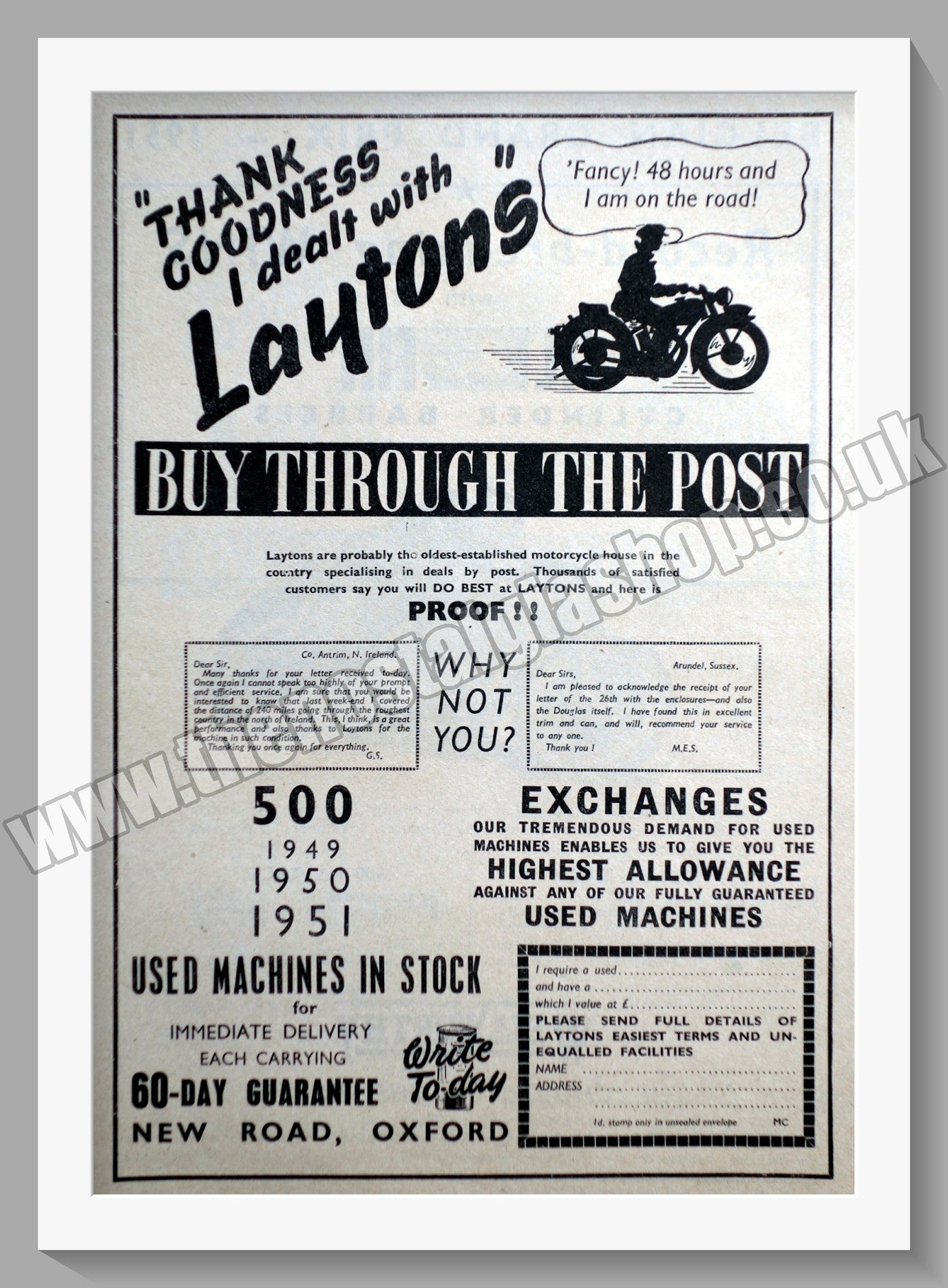 Laytons Of Oxford Motorcycle Dealers. Original Advert 1951 (ref AD57397)
