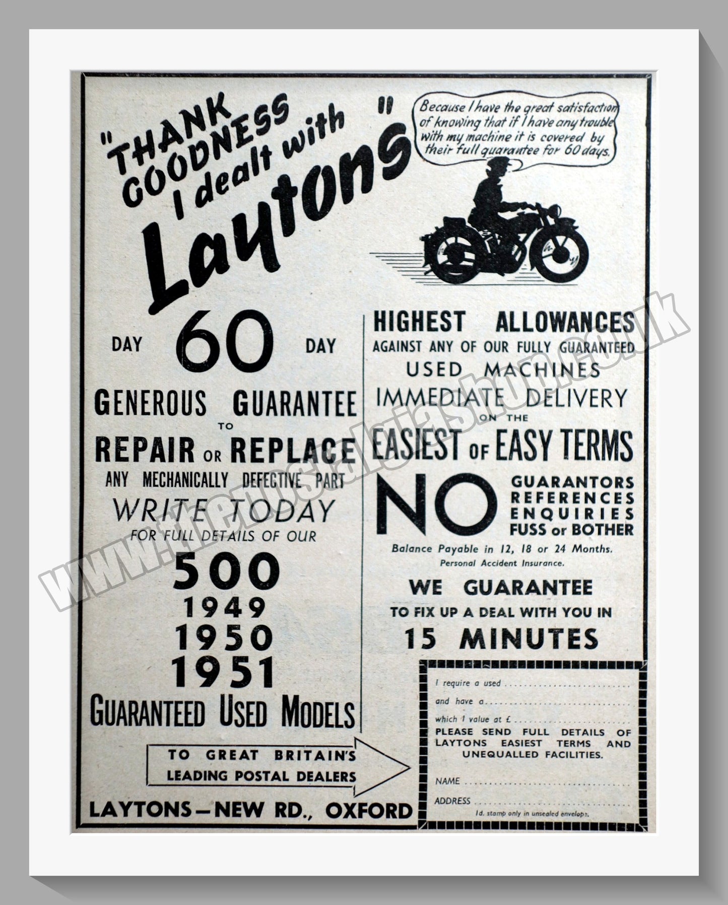 Laytons Of Oxford Motorcycle Dealers. Original Advert 1951 (ref AD57399)