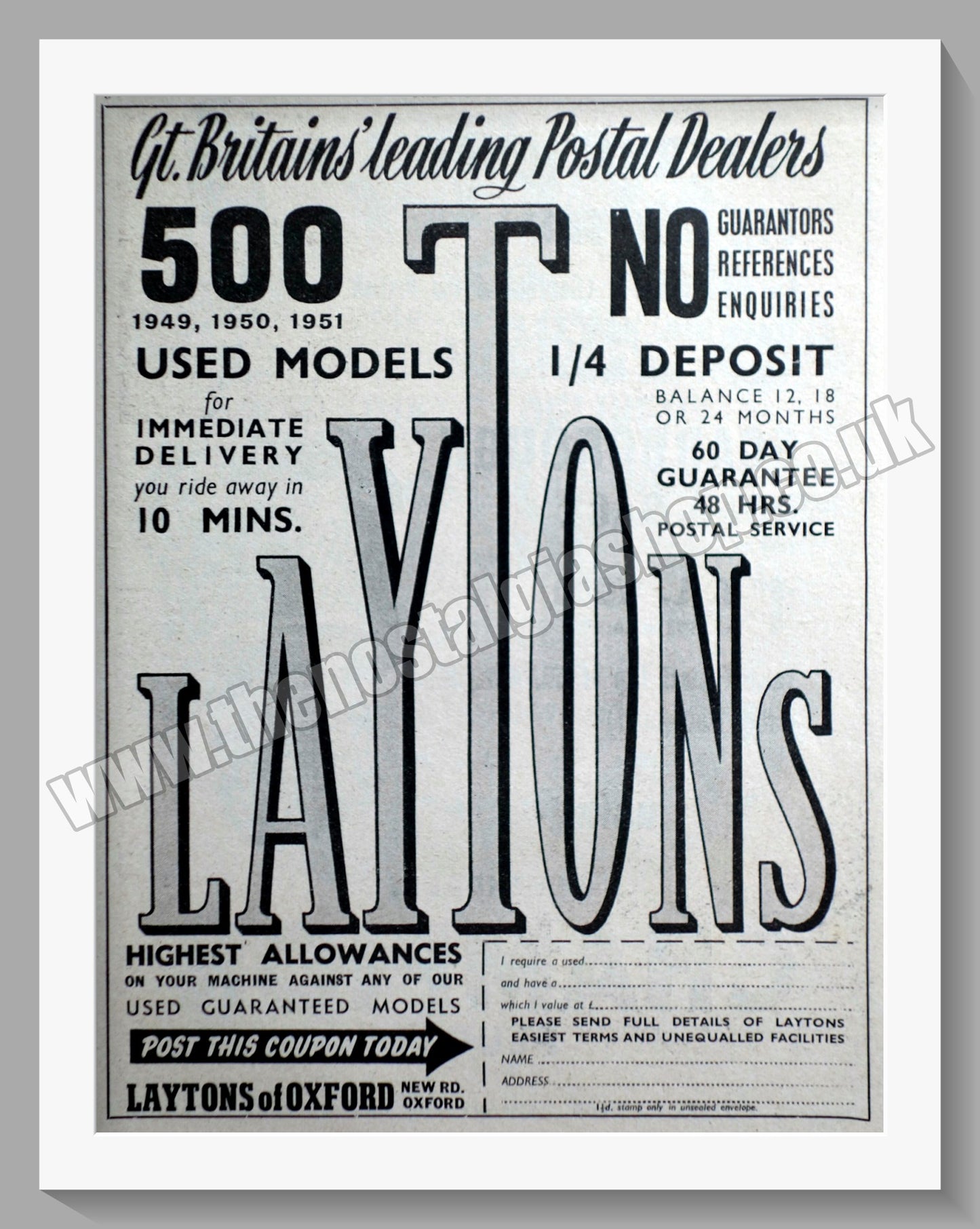 Laytons Of Oxford Motorcycle Dealers. Original Advert 1951 (ref AD57405)