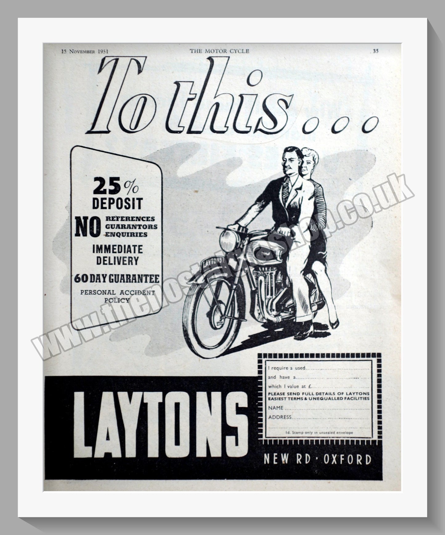 Laytons Of Oxford Motorcycle Dealers. Original Double Advert 1951 (ref AD57415)