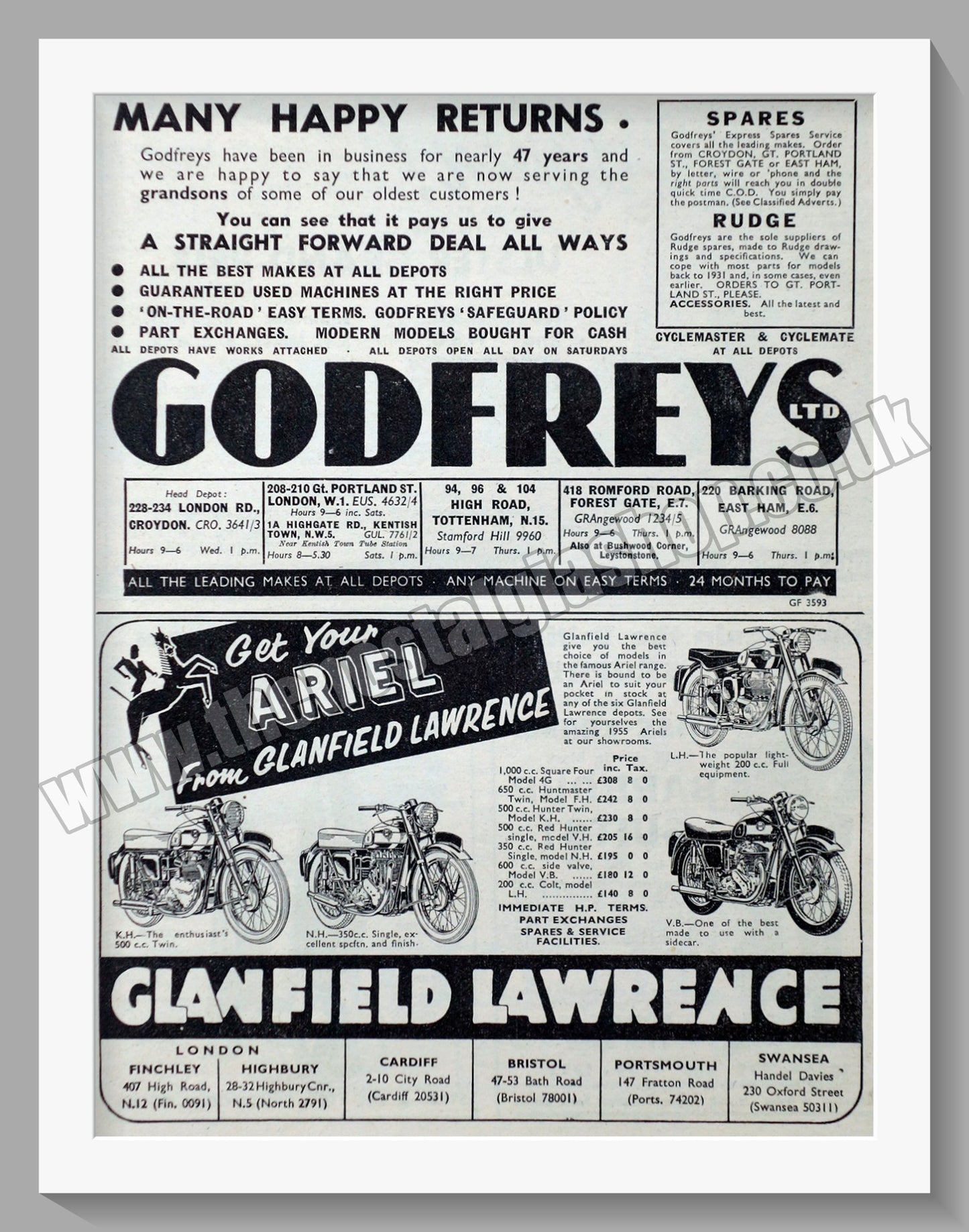 Glanfield Lawrence & Godfreys Motorcycle Dealers. Original Advert 1955 (ref AD57427)