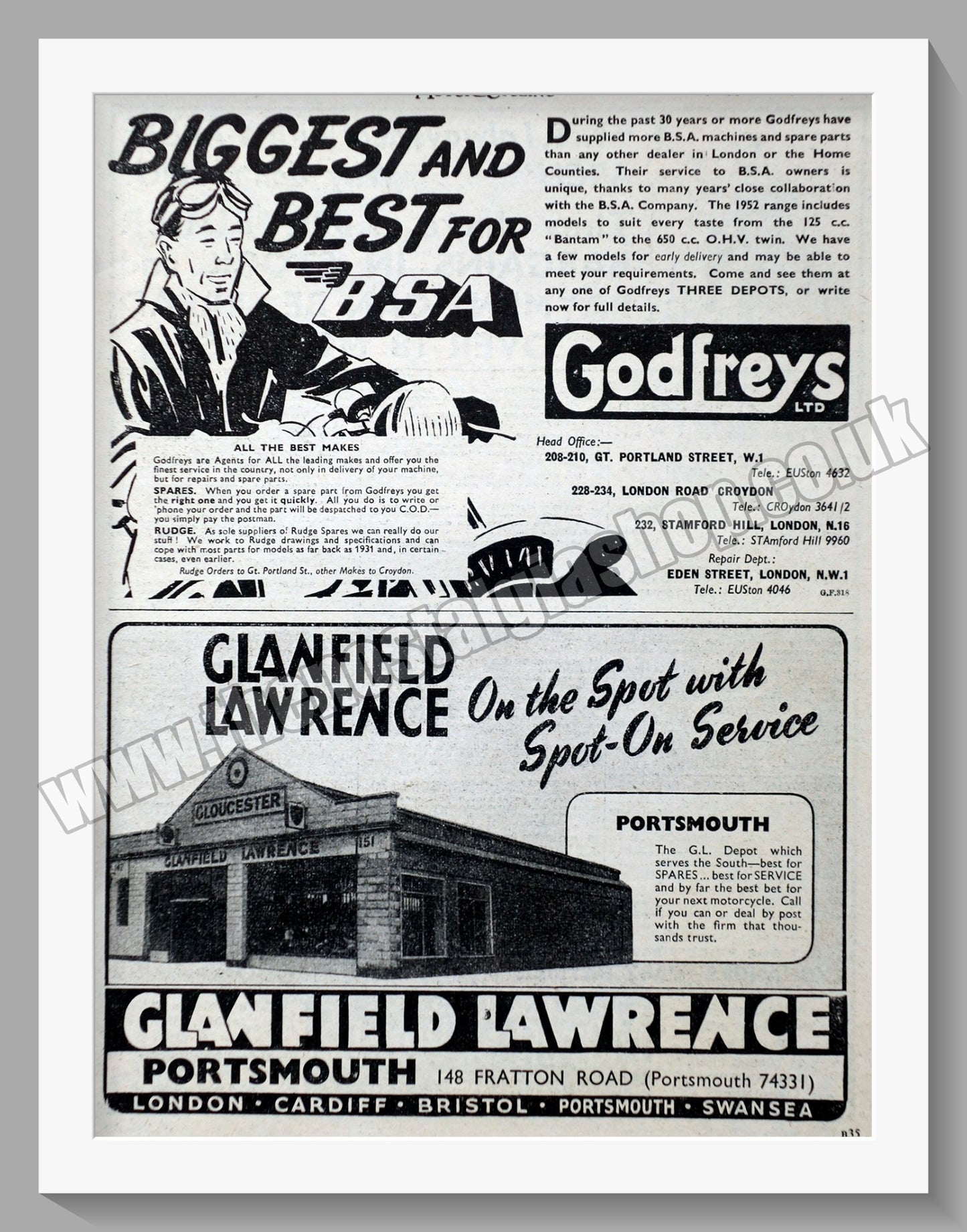 Glanfield Lawrence & Godfreys Motorcycle Dealers. Original Advert 1952 (ref AD57429)