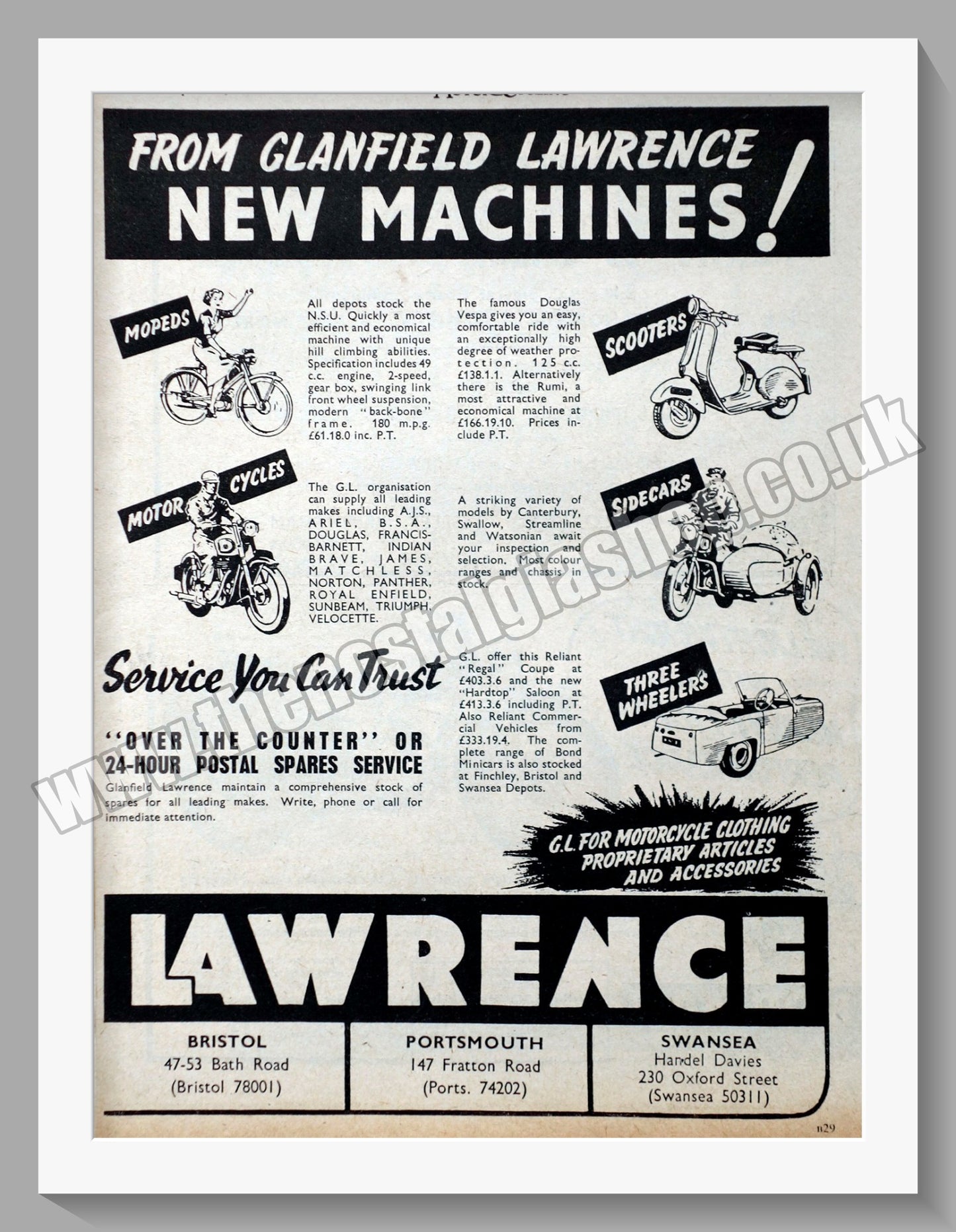 Glanfield Lawrence Motorcycle Dealer. Original Double Advert 1956 (ref AD57444)