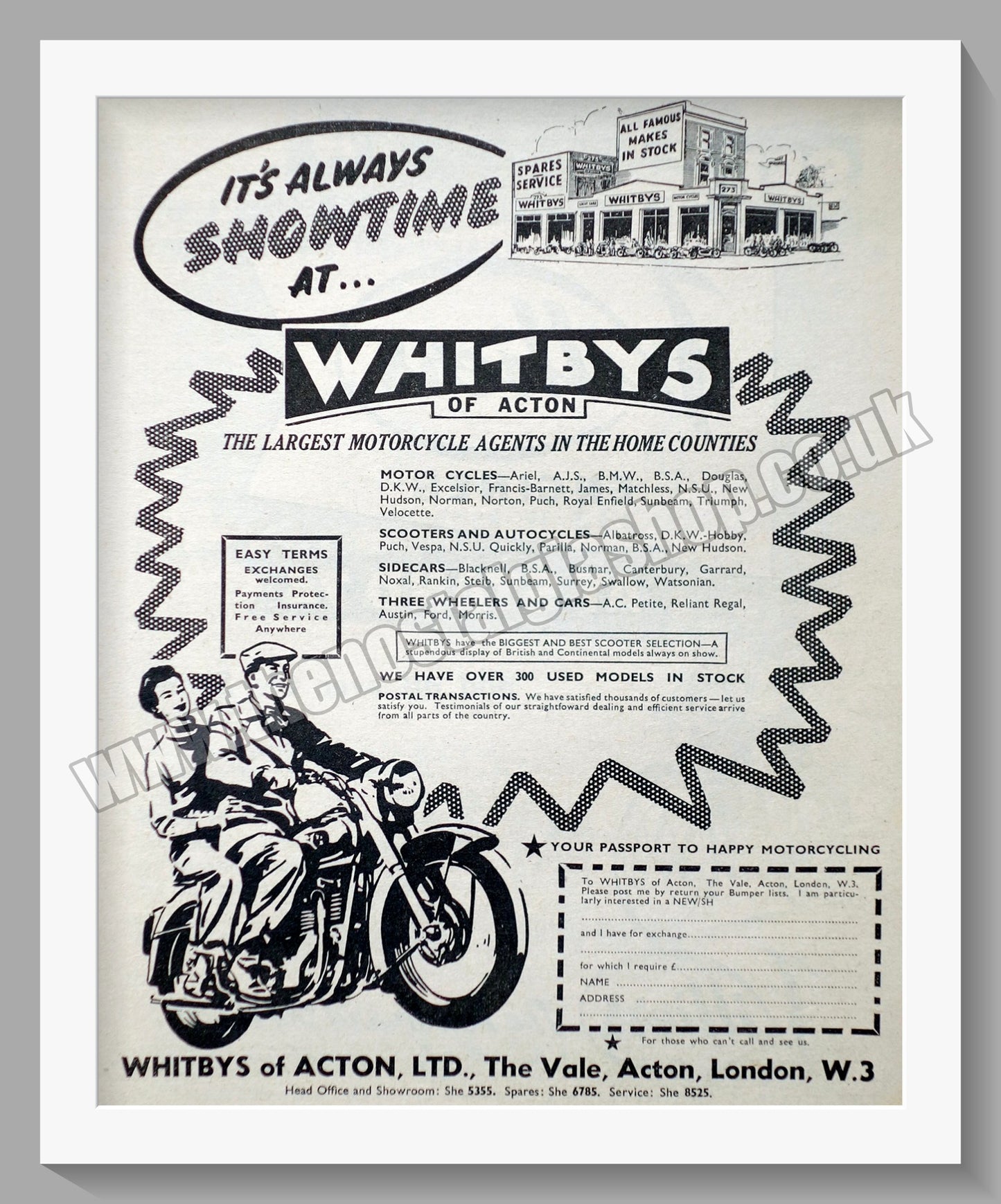 Whitbys Of Acton Motorcycle Dealer. Original Advert 1955 (ref AD57446)