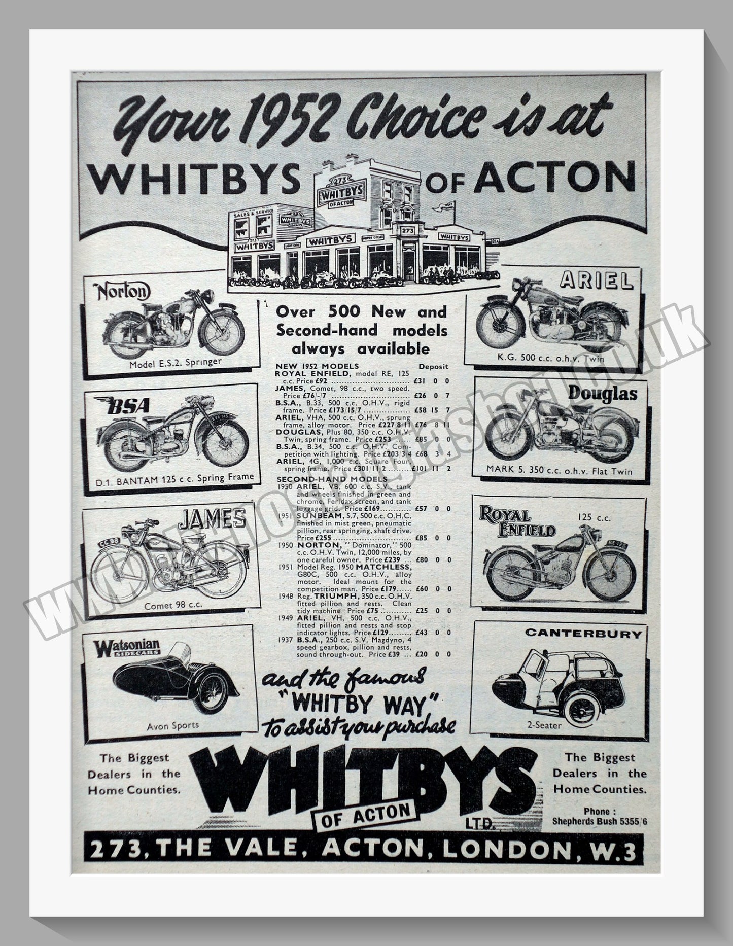 Whitbys Of Acton Motorcycle Dealer. Original Advert 1952 (ref AD57452)