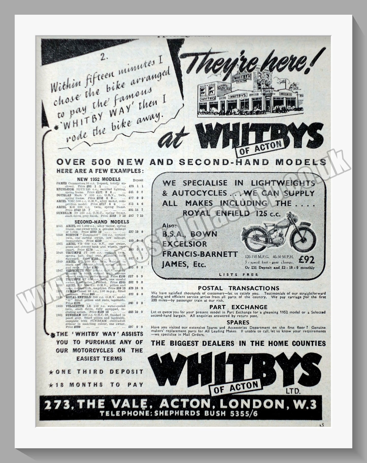 Whitbys Of Acton Motorcycle Dealer. Original Advert 1952 (ref AD57454)