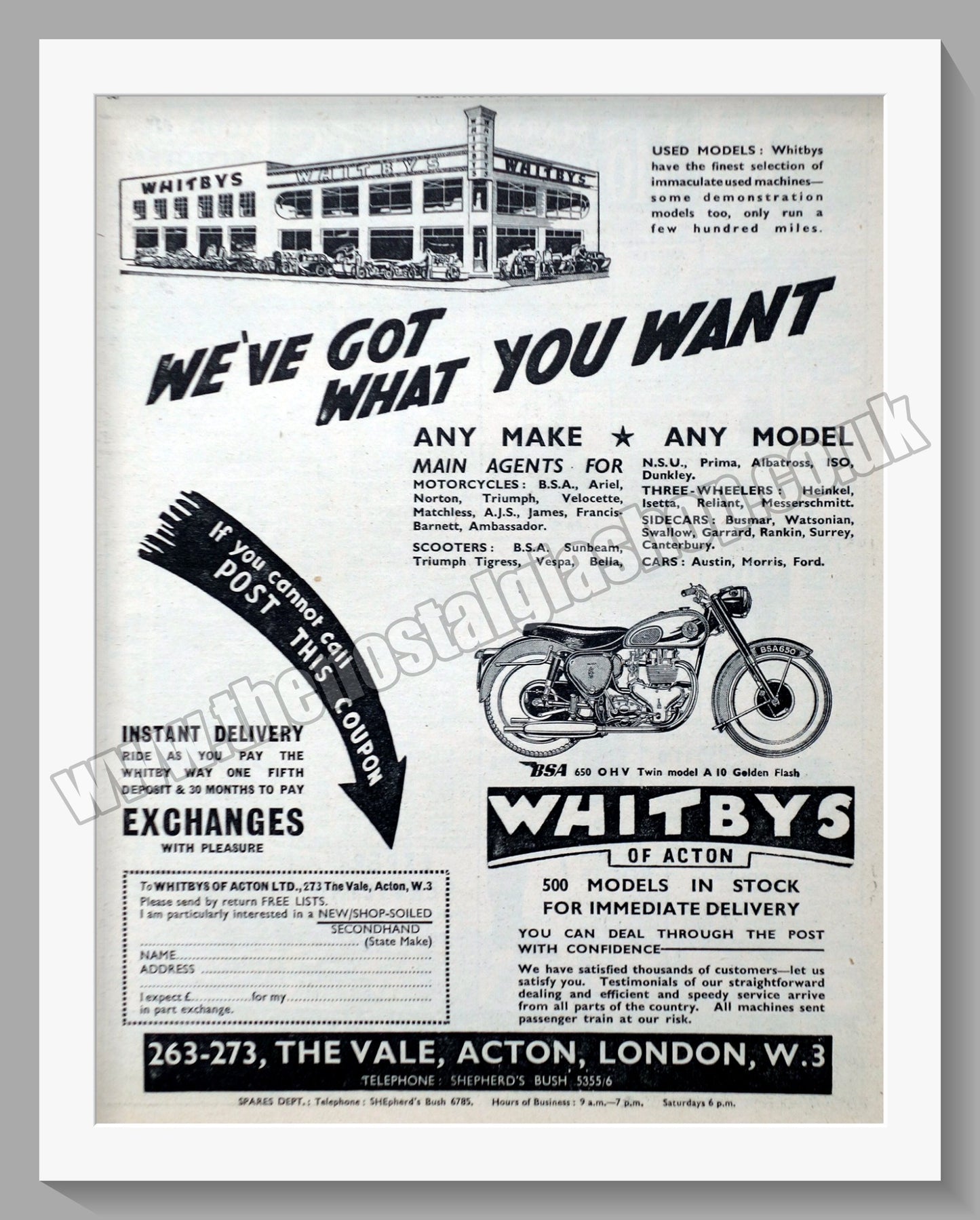 Whitbys Of Acton Motorcycle Dealer. Original Advert 1958 (ref AD57457)