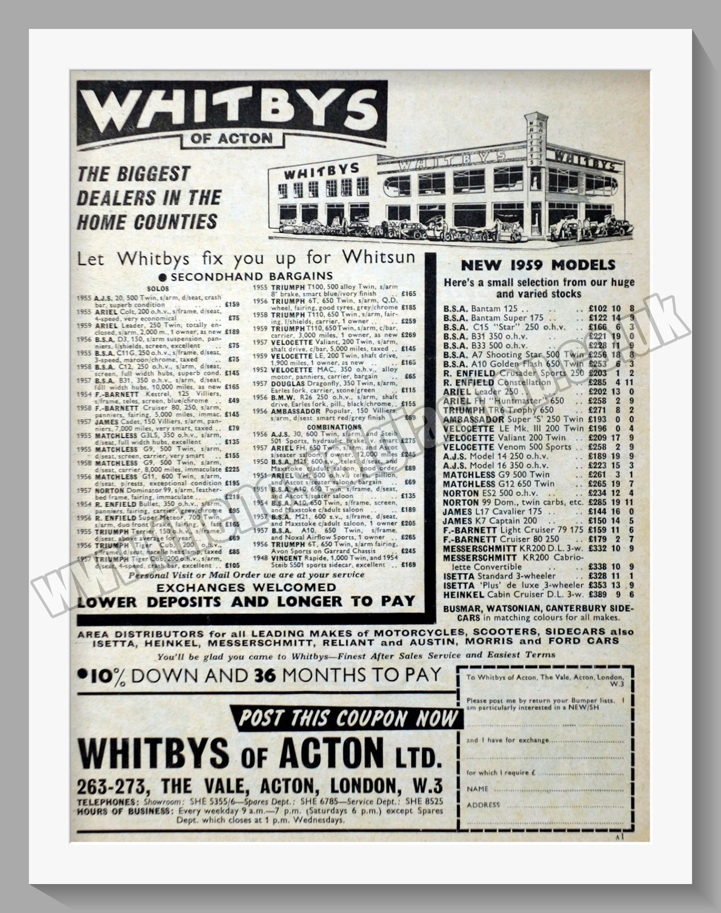 Whitbys Of Acton Motorcycle Dealer. Original Advert 1959 (ref AD57459)