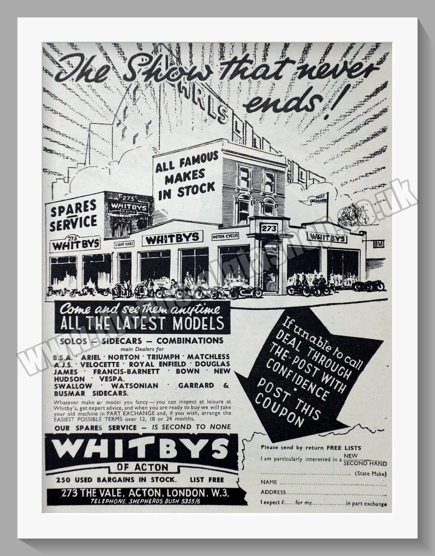 Whitbys Of Acton Motorcycle Dealer. Original Advert 1951 (ref AD57464)