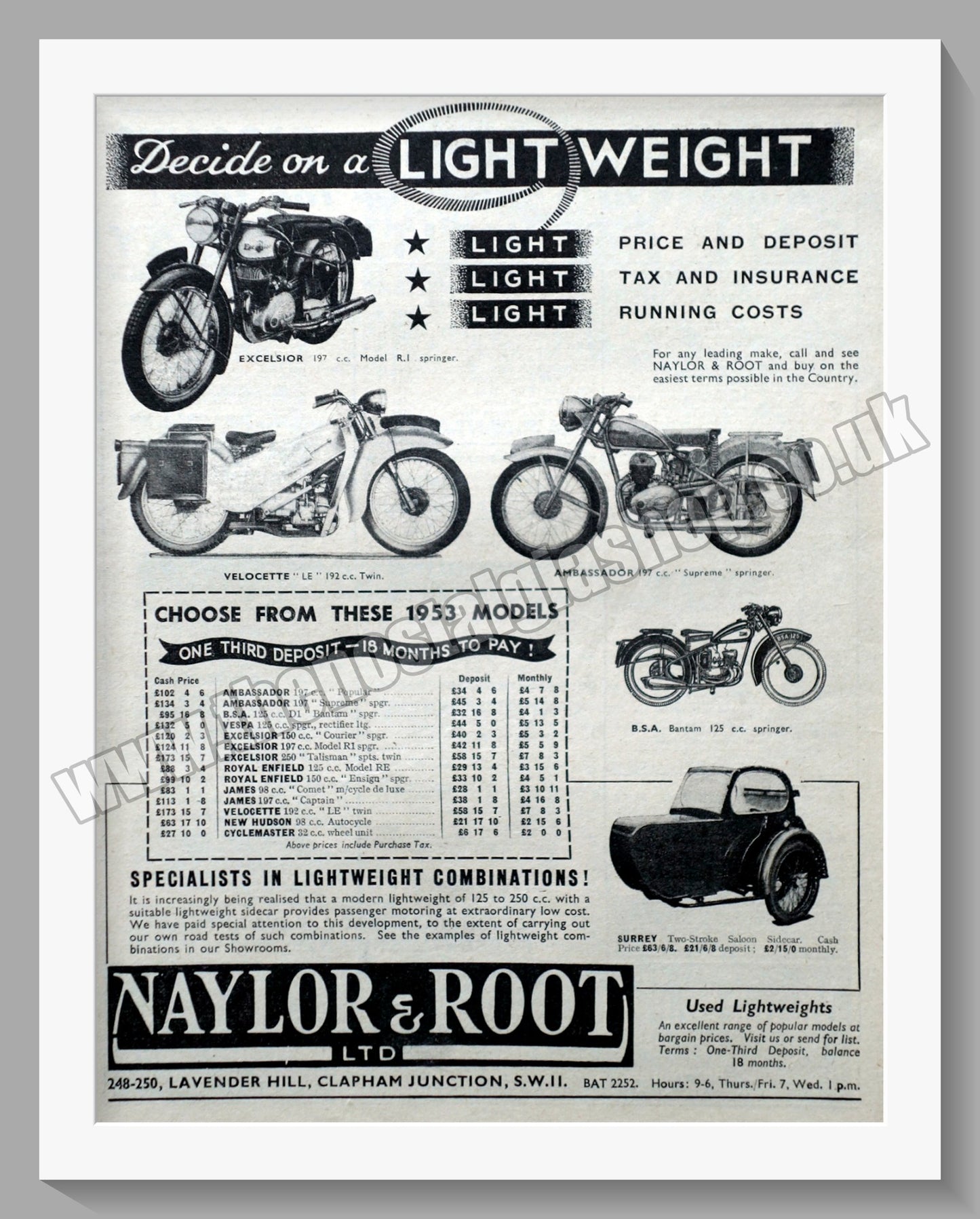 Naylor & Root Ltd Motorcycle Dealer. Original Advert 1952 (ref AD57497)