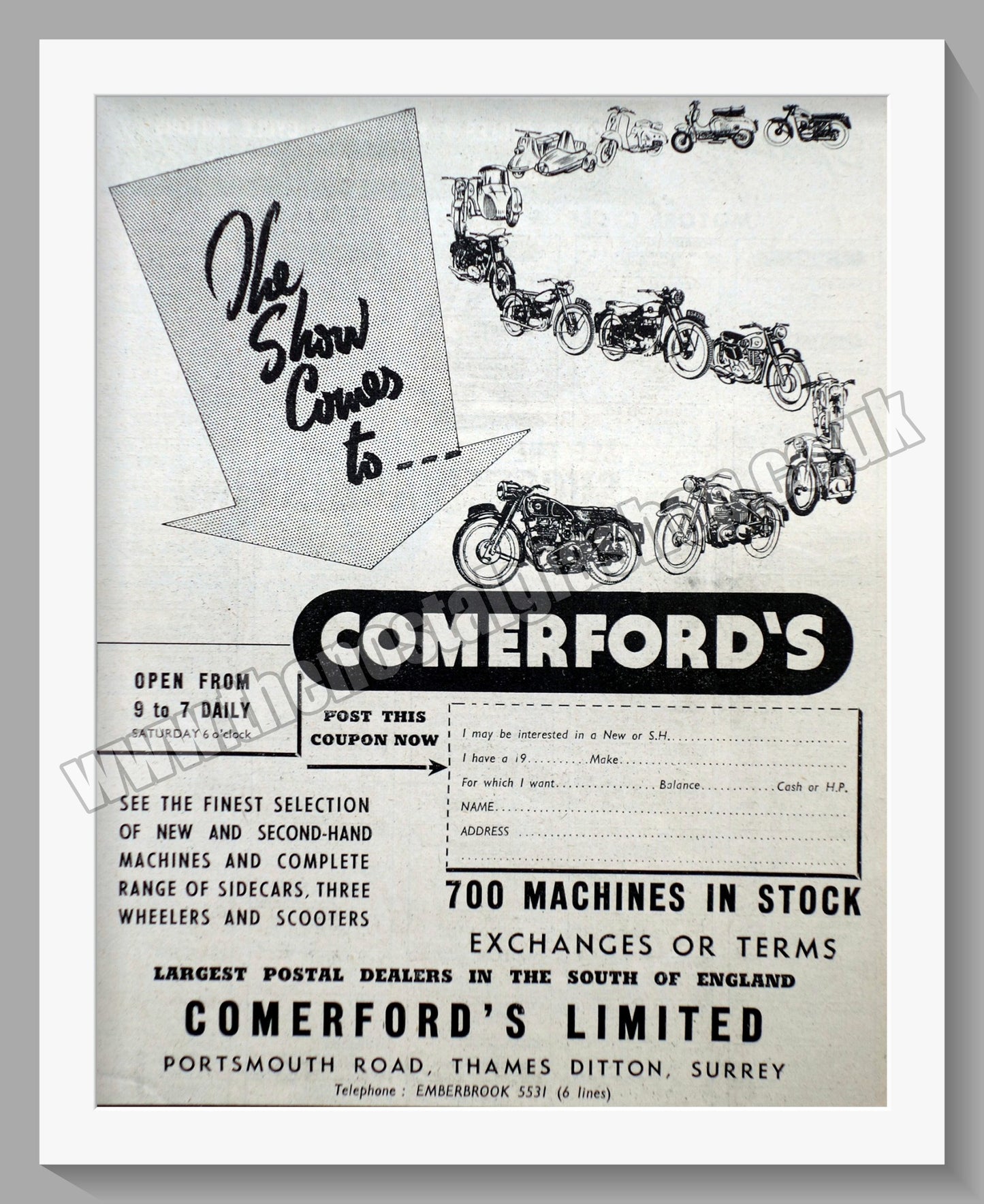 Comerford's Ltd Motorcycle Dealer. Original Advert 1955 (ref AD57540)