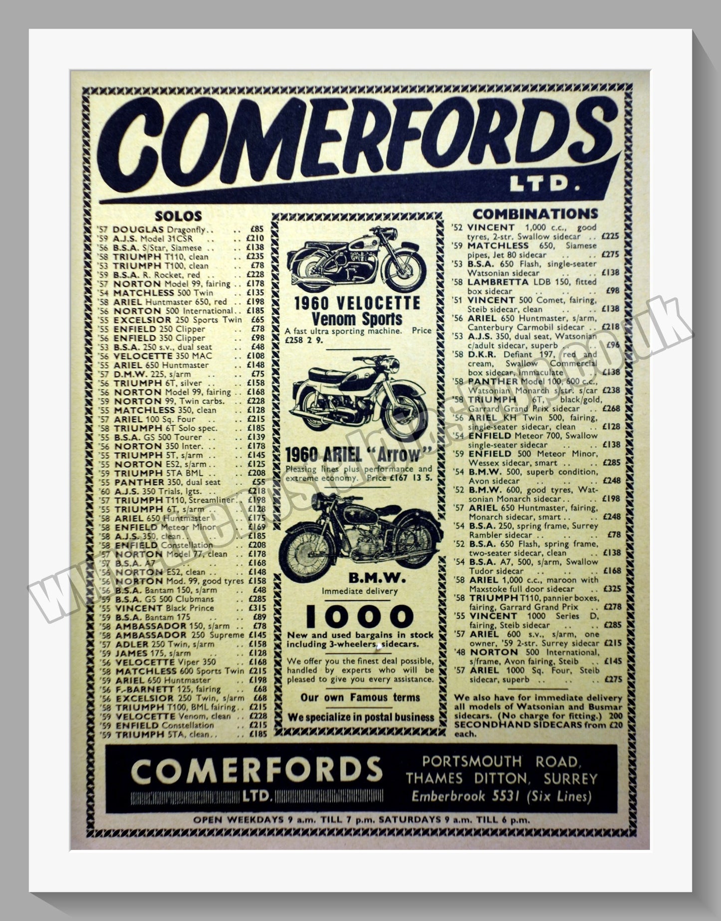 Comerford's Ltd Motorcycle Dealer. Original Advert 1960 (ref AD57545)