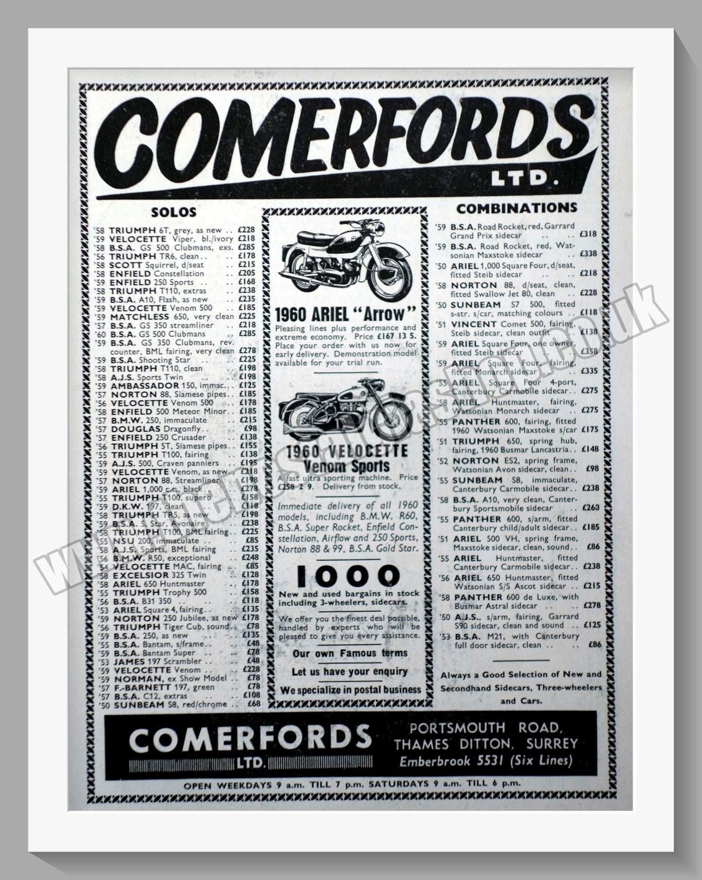 Comerford's Ltd Motorcycle Dealer. Original Advert 1960 (ref AD57548)