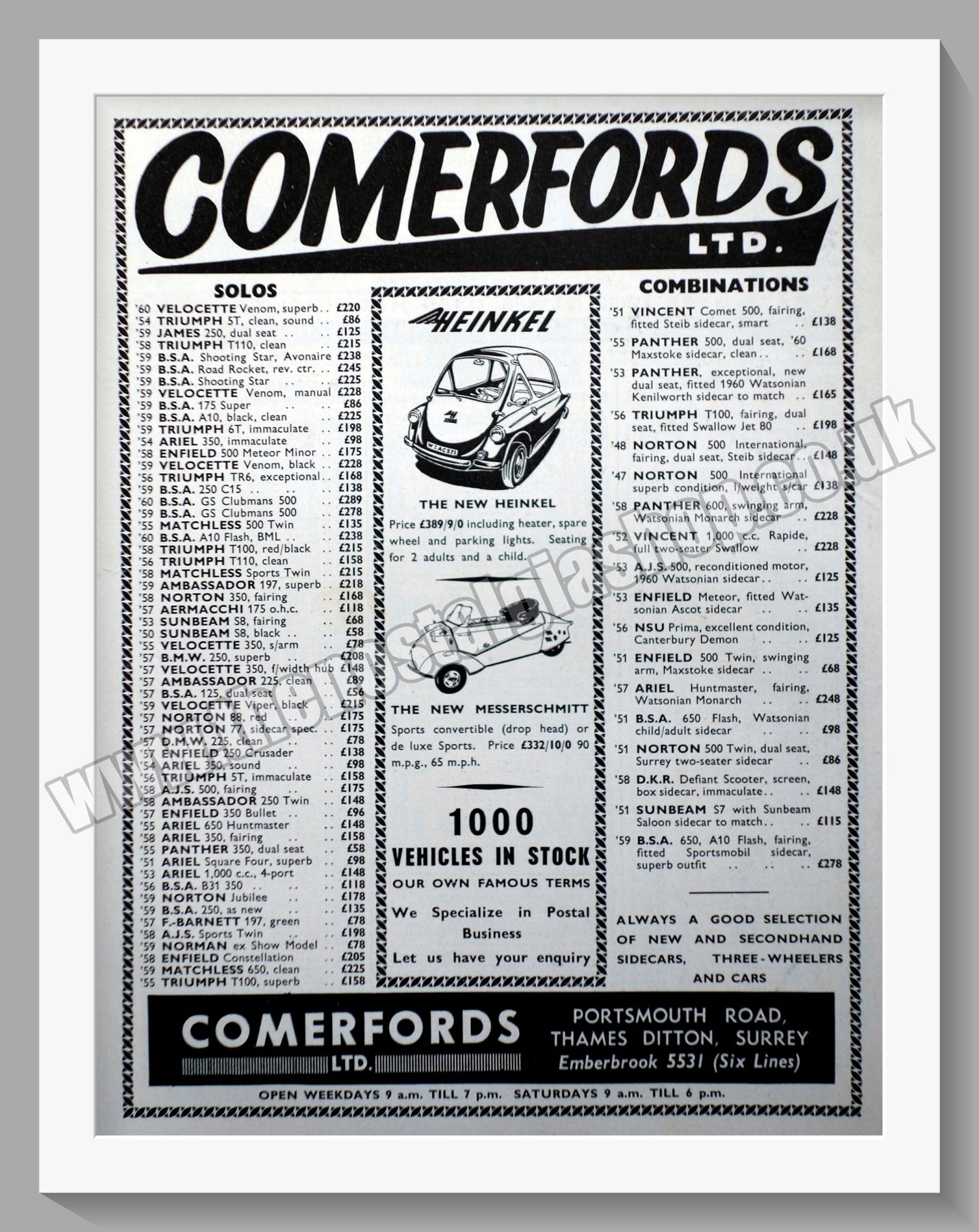Comerford's Ltd Motorcycle Dealer. Original Advert 1960 (ref AD57549)