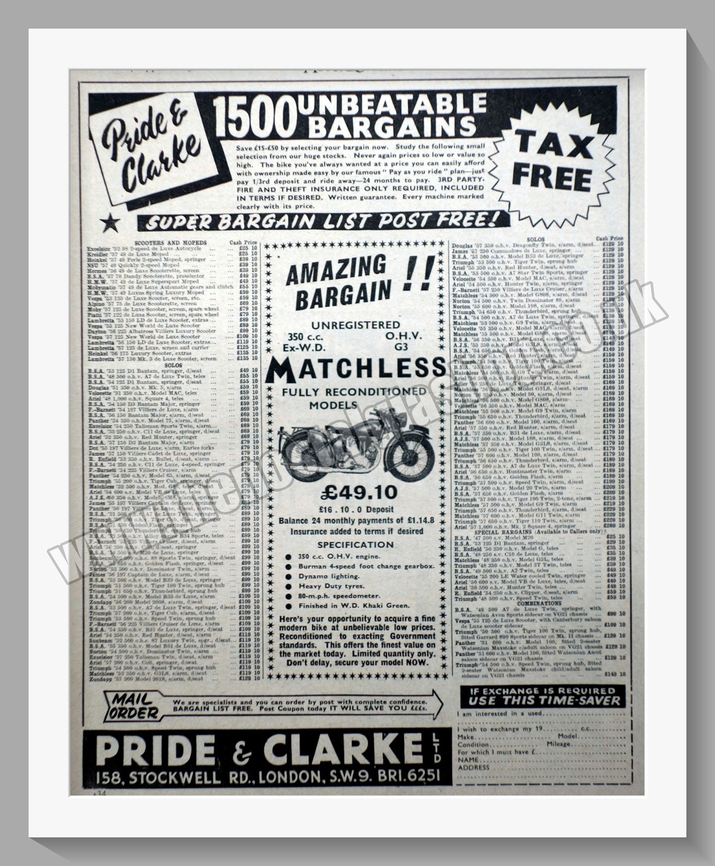 Pride & Clarke Ltd Motorcycle Dealer. Original Advert 1958 (ref AD57563)