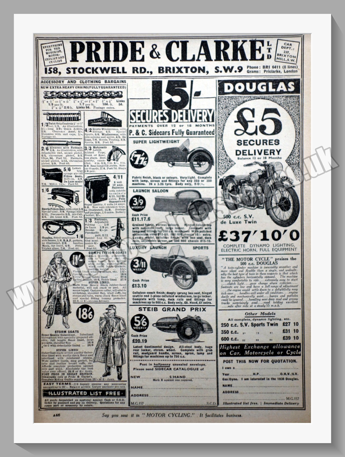 Pride & Clarke Ltd Motorcycle Dealer. Original Advert 1936 (ref AD57565)