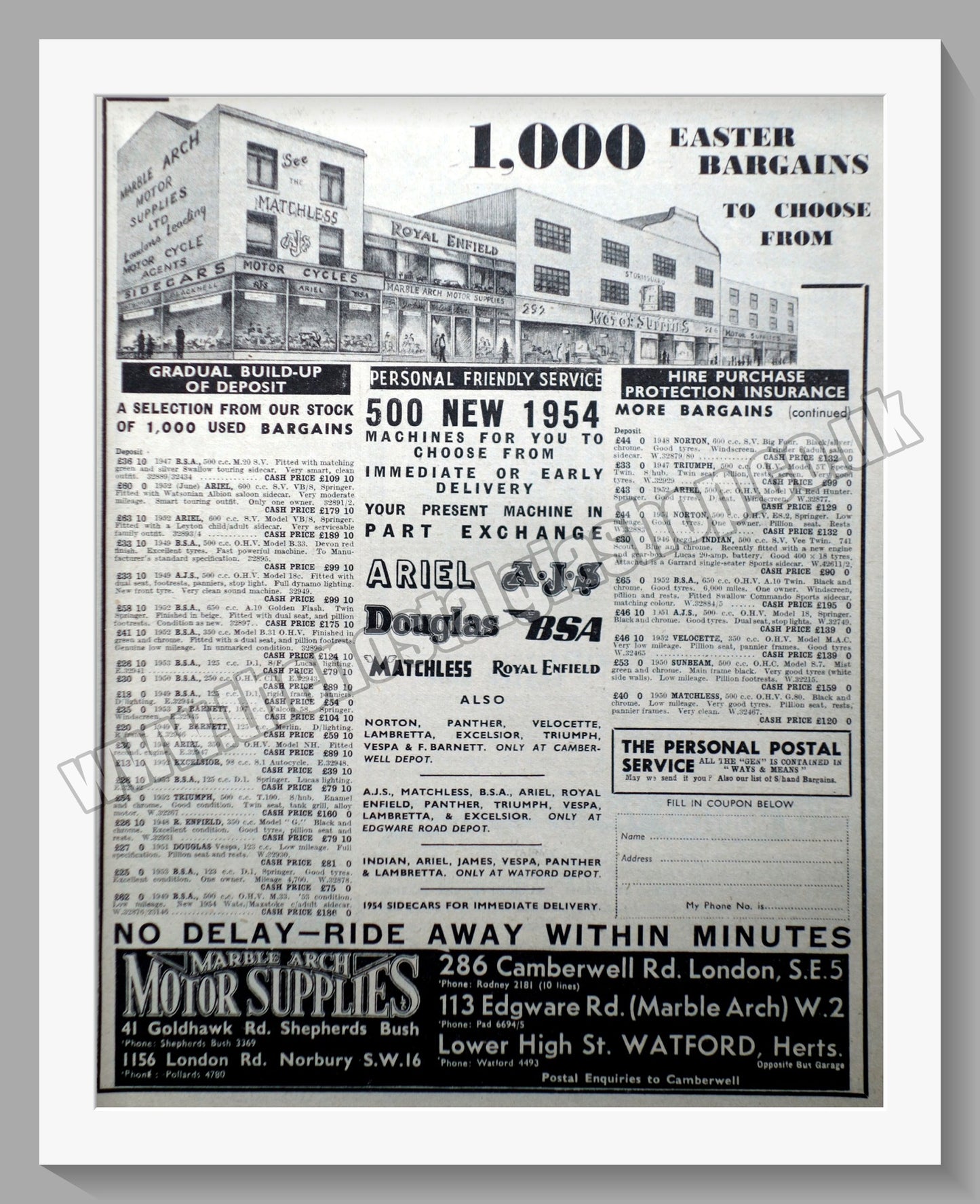 Marble Arch Motorcycle Dealer. Original Advert 1954 (ref AD57573)