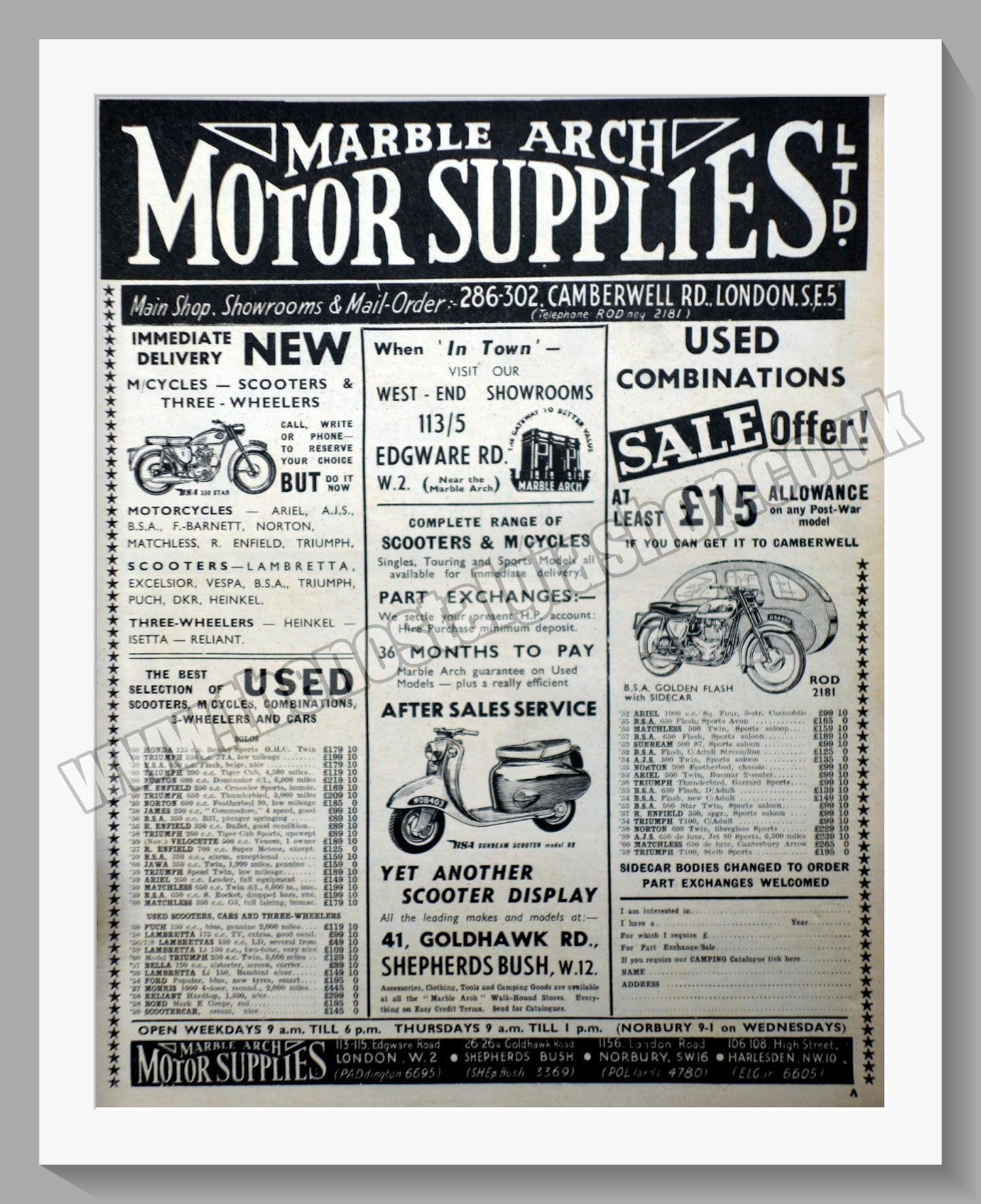 Marble Arch Motorcycle Dealer. Original Advert 1961 (ref AD57577)