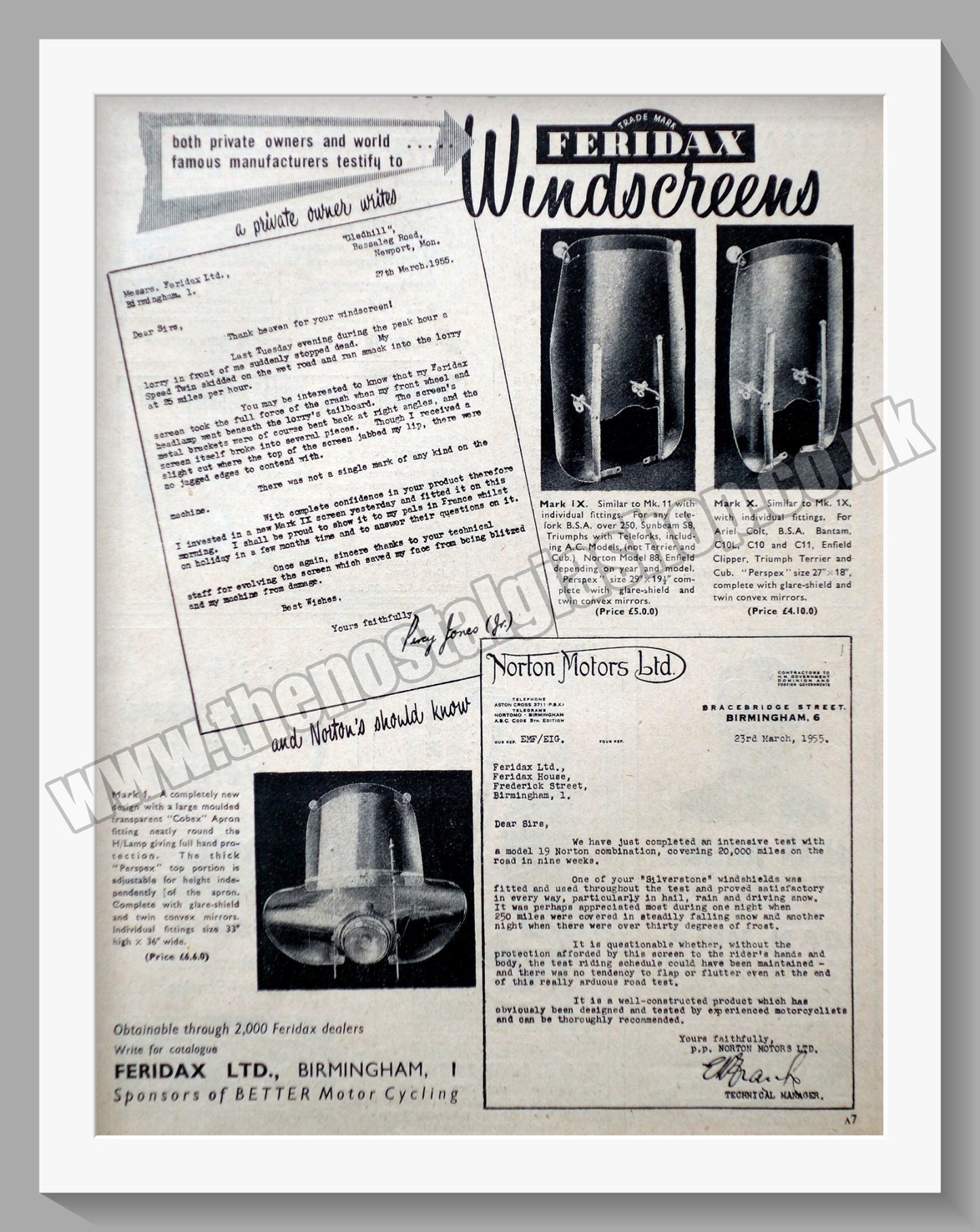 Feridax Motorcycle Windscreens. Original Advert 1955 (ref AD57622)