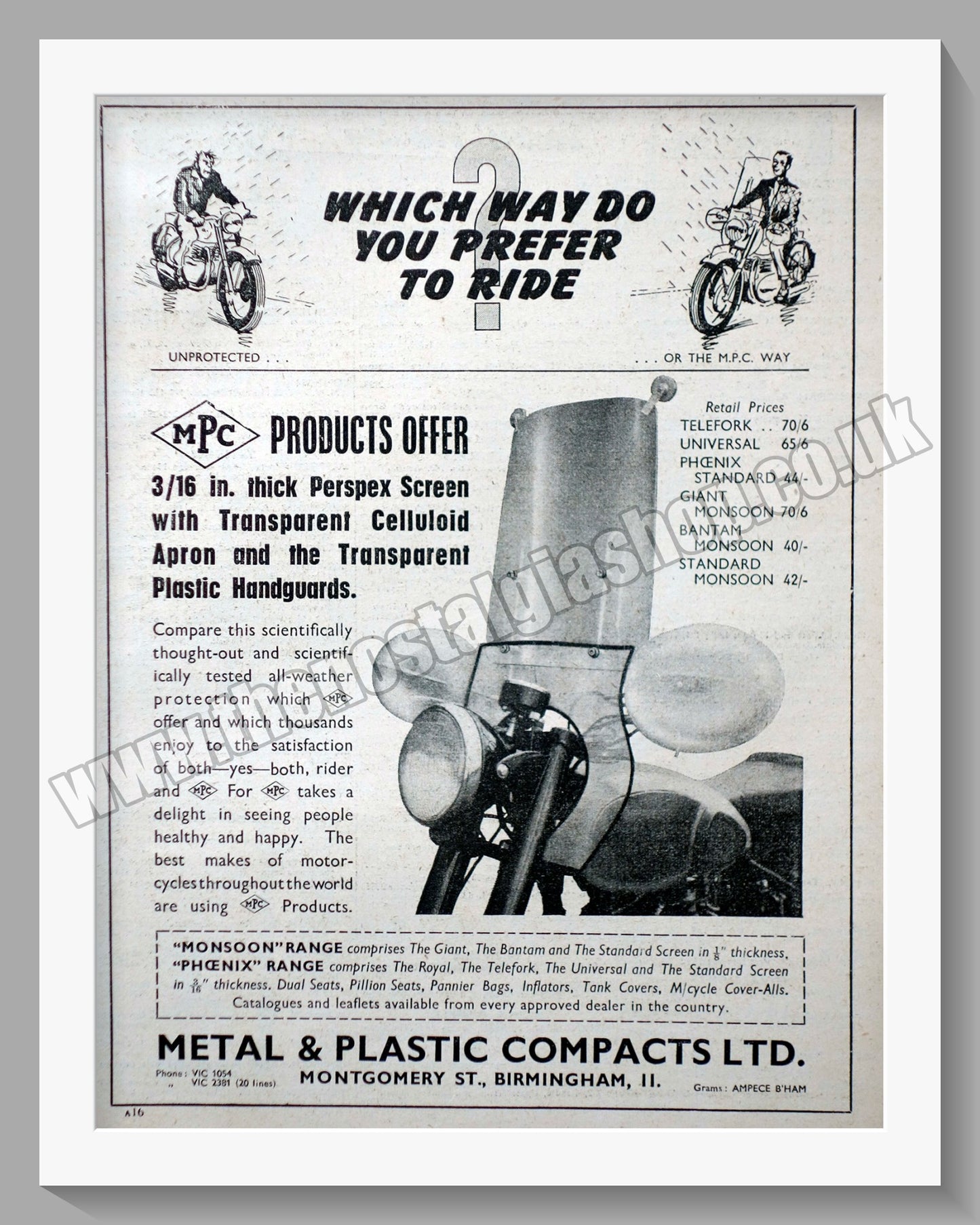 MPC Motorcycle Fairing. Original Advert 1952 (ref AD57678)
