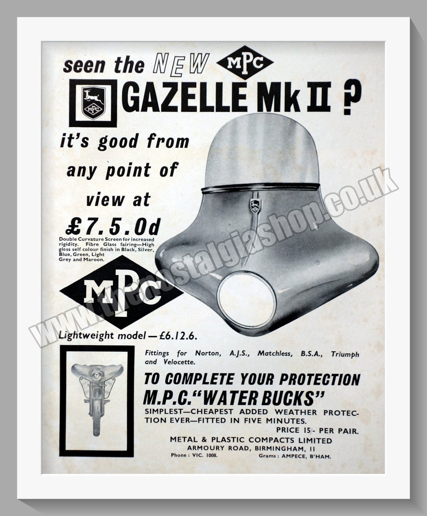 MPC Motorcycle Fairing. Original Advert 1958 (ref AD57679)