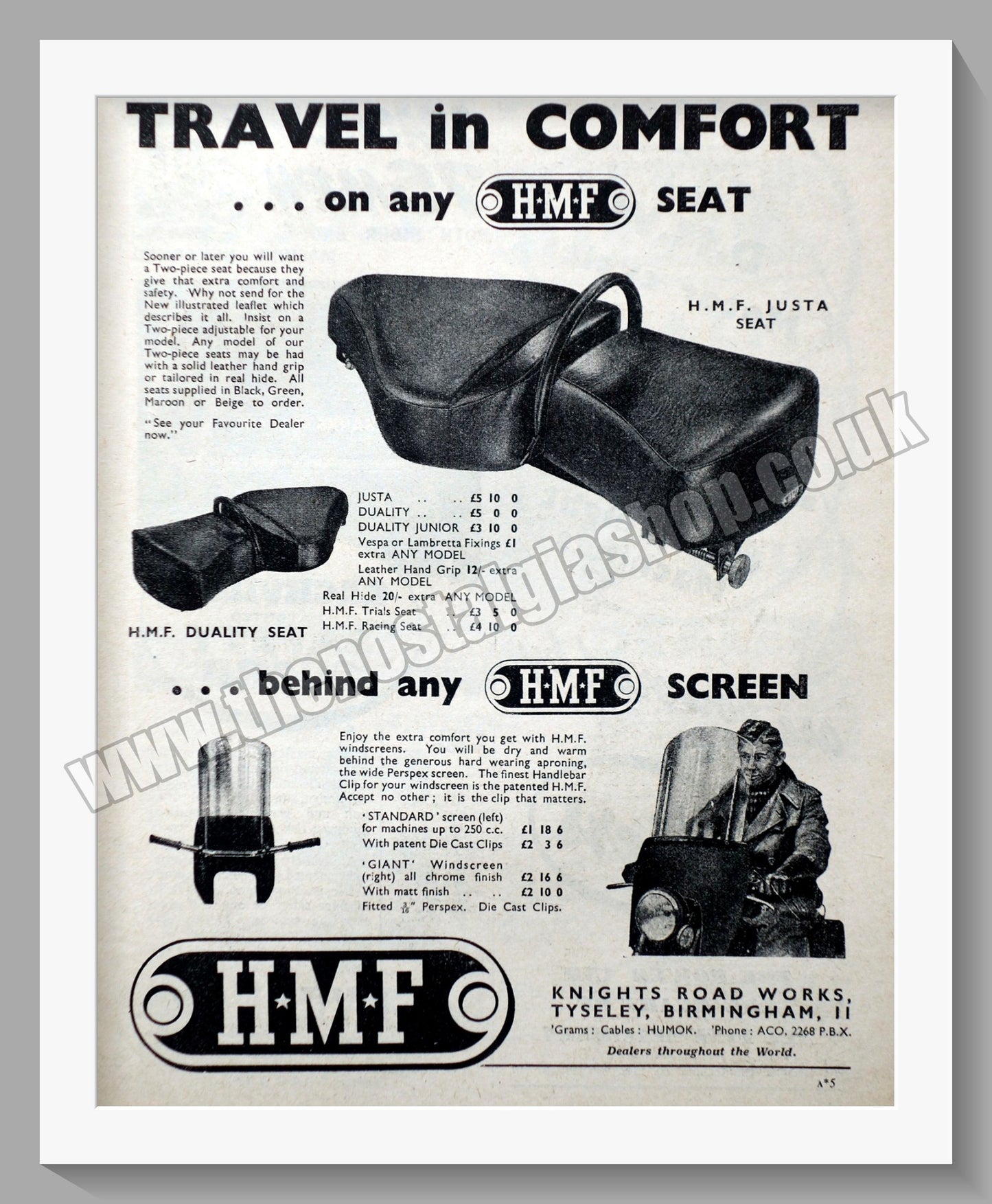 H.M.F Motorcycle Seats. Original Advert 1954 (ref AD57680)