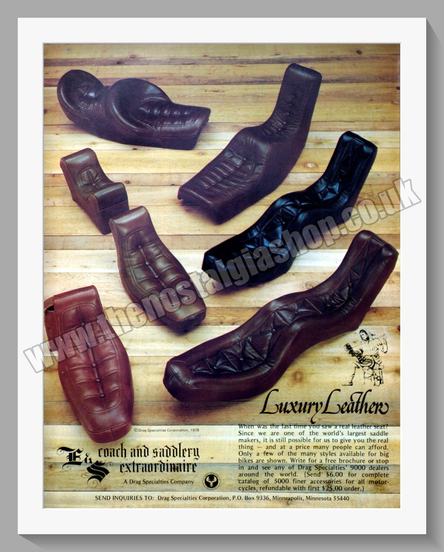 E & S Coach and Saddlery (USA) Motorcycle Seats. Original Advert 1978 (ref AD57685)