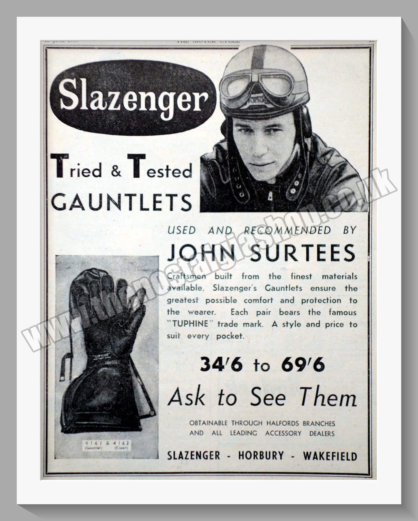 Slazenger Gauntlets John Surtees. Original Advert 1957 (ref AD57660)