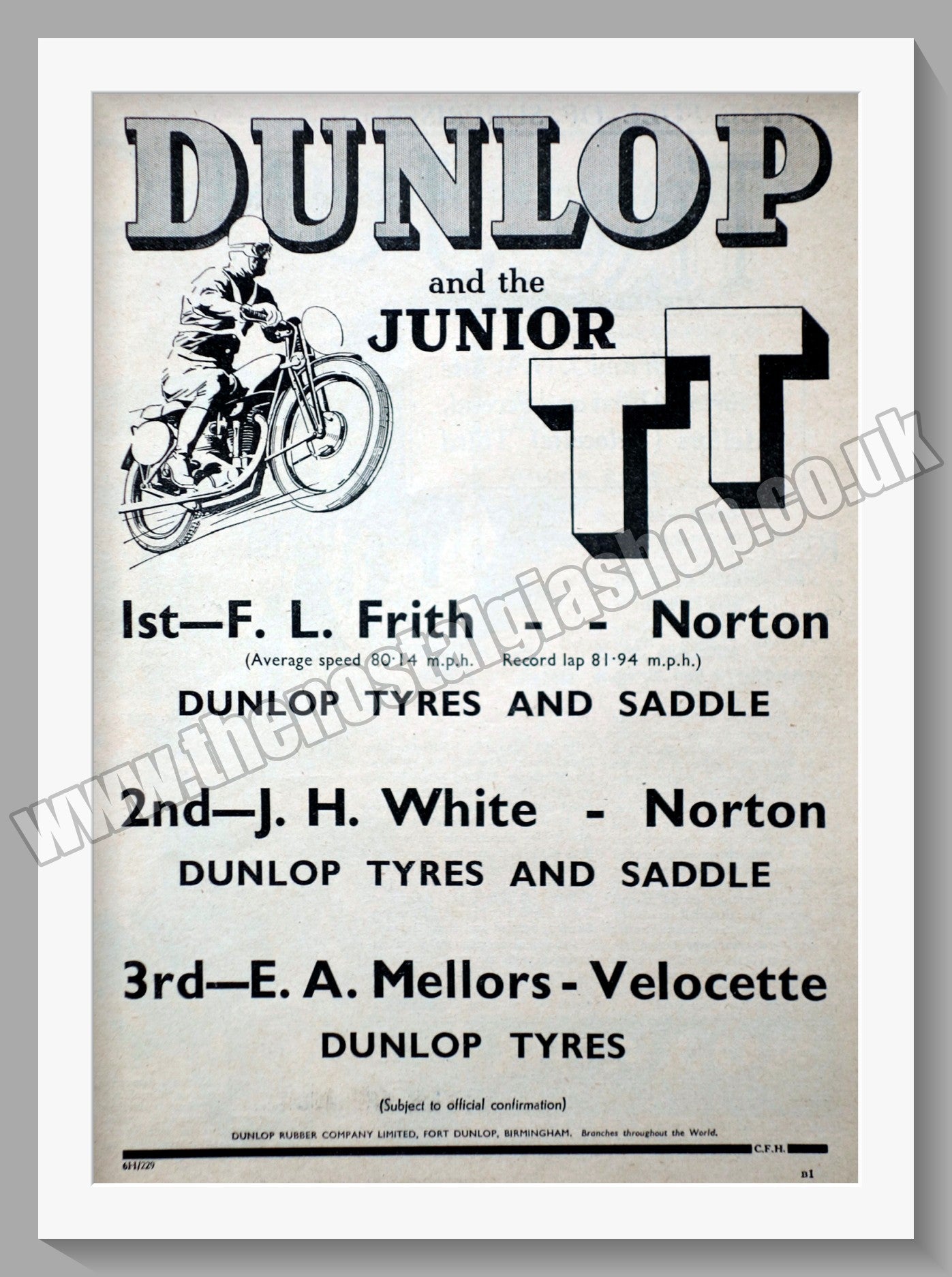 Dunlop Motorcycle Tyres, Junior T.T. Original Advert 1936 (ref AD57712)