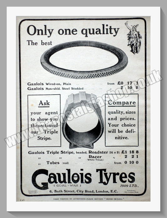 Gaulois Motorcycle Tyres. Original Advert 1911 (ref AD57727)