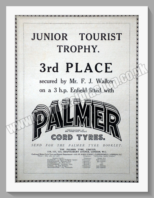 Palmer Cord Motorcycle Tyres. Original Advert 1914 (ref AD57730)