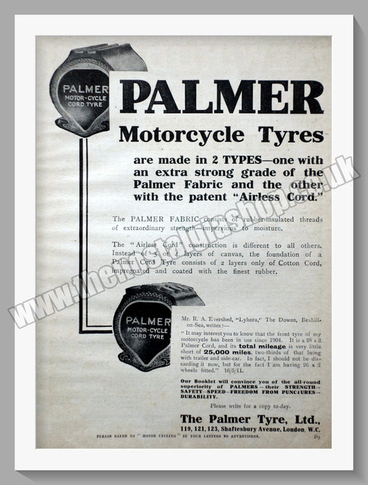 Palmer Cord Motorcycle Tyres. Original Advert 1911 (ref AD57731)