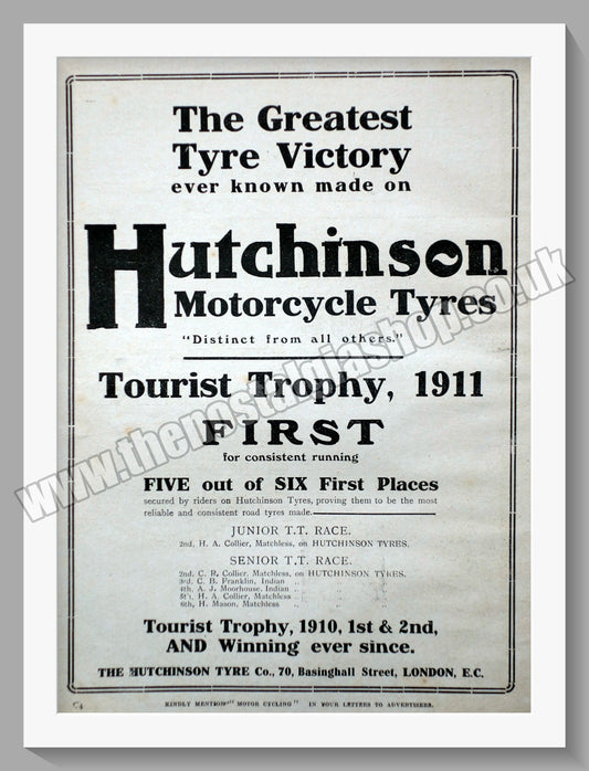 Hutchinson Motorcycle Tyres. Original Advert 1911 (ref AD57732)