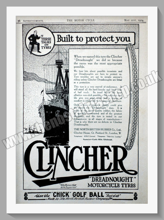 Clincher Dreadnought Motorcycle Tyres. Original Advert 1914 (ref AD57733)
